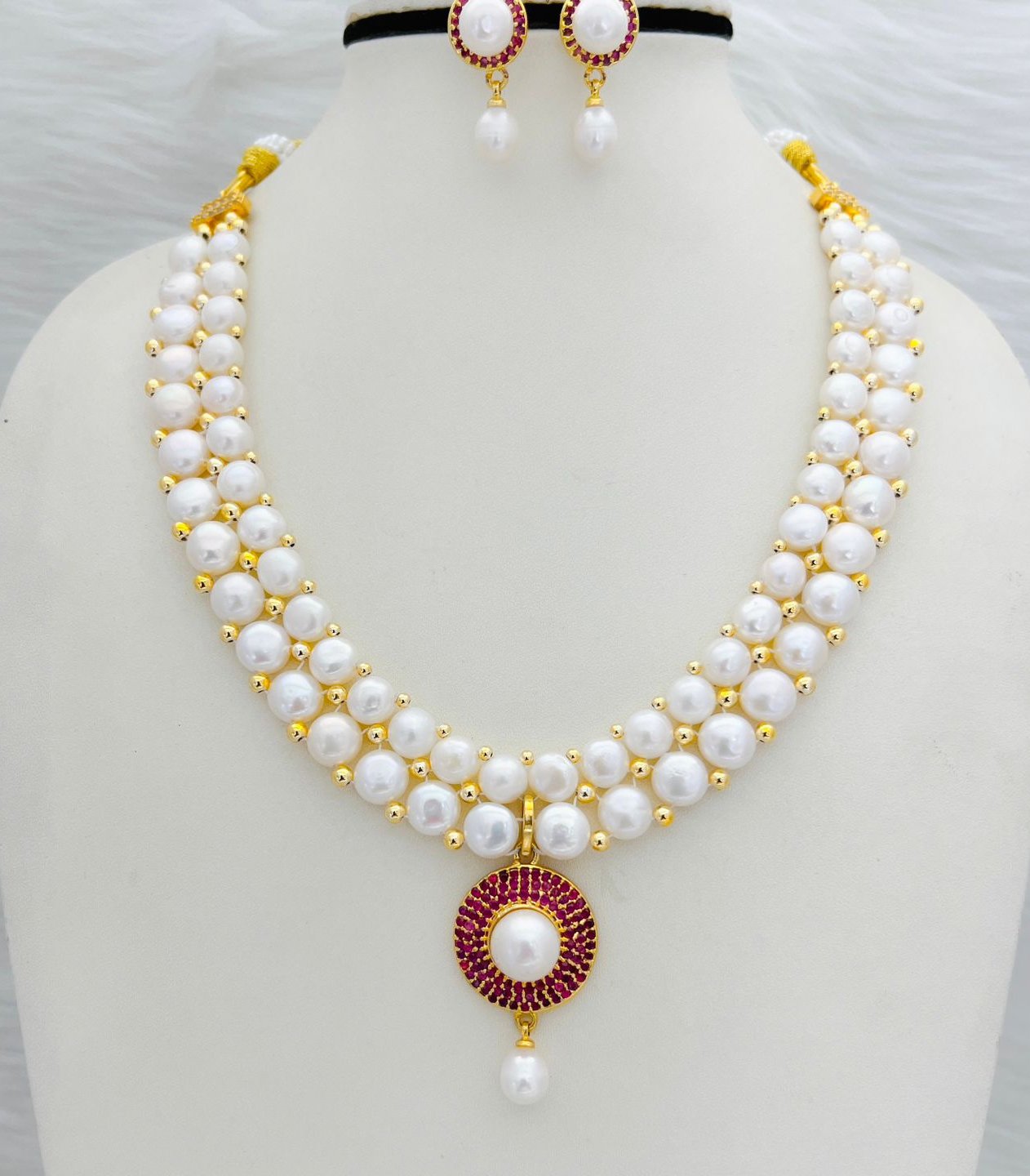 2 Layer Button Pearl Necklace Set - PN303 - Red, 18 Inches, 5-6 MM