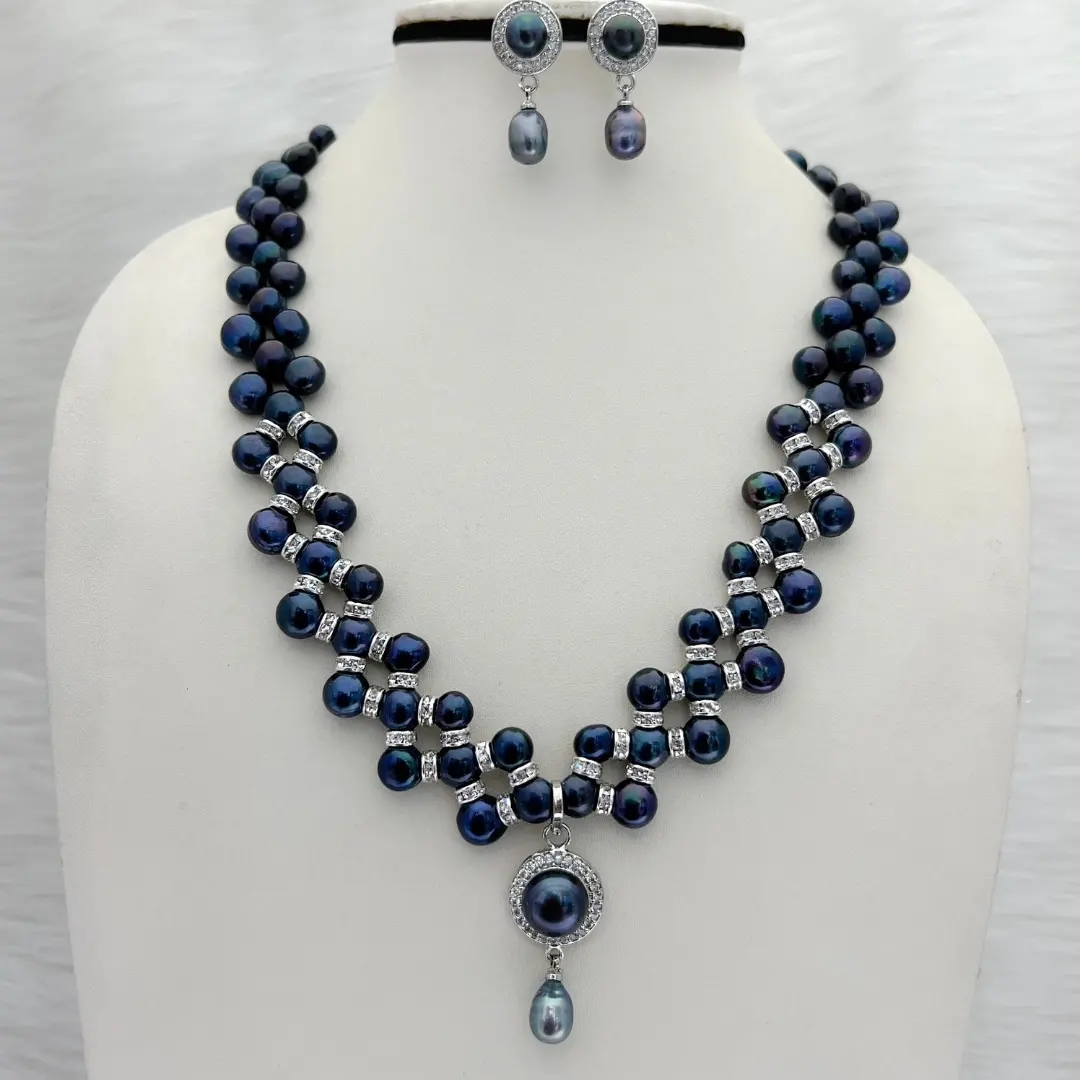 3 Layer Metallic Black Necklace - PN311 - 18 Inches, 5-6 MM