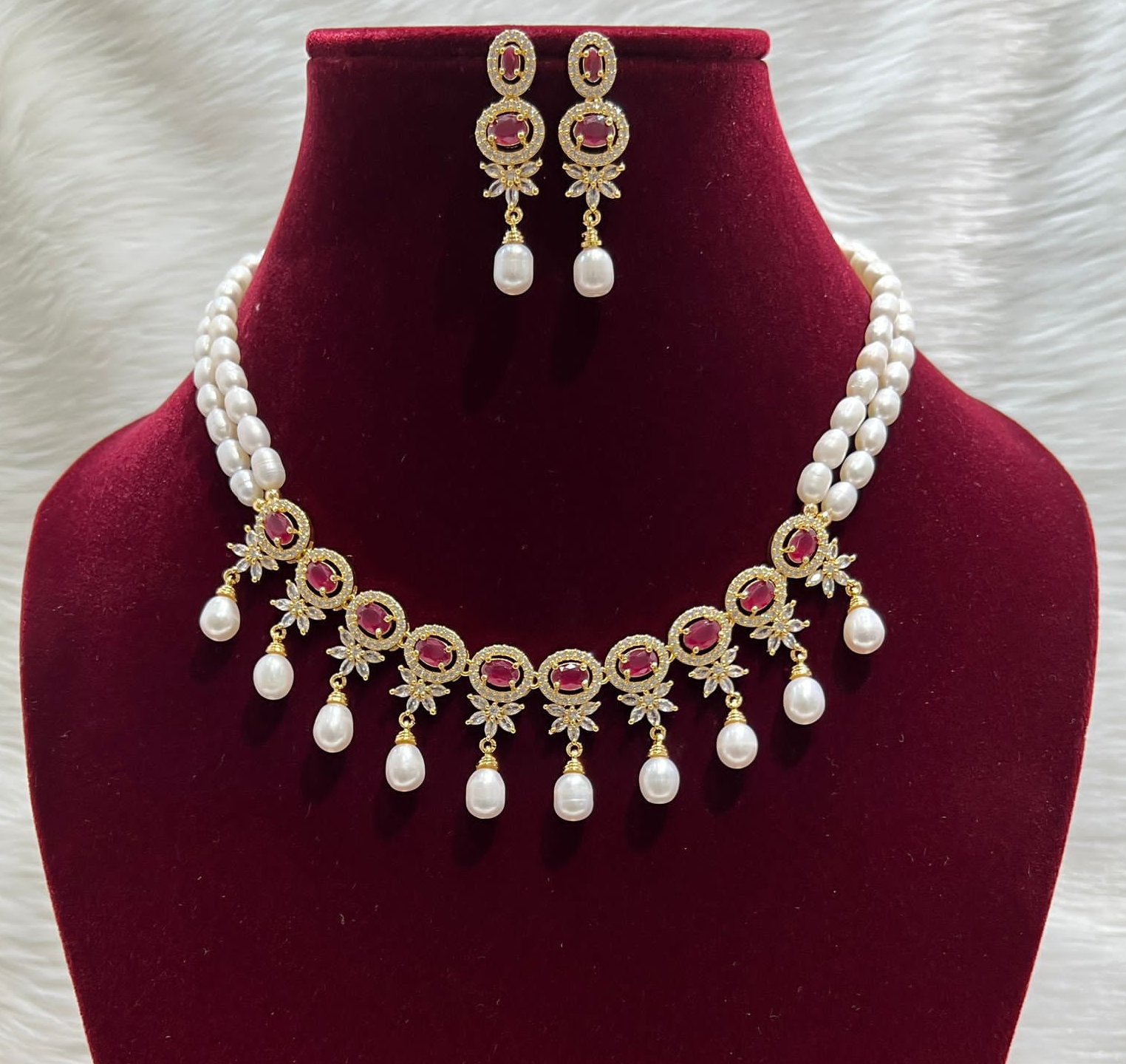 2 Layer Drop Necklace - PN313 - Red, 18 Inches, 4-5 MM