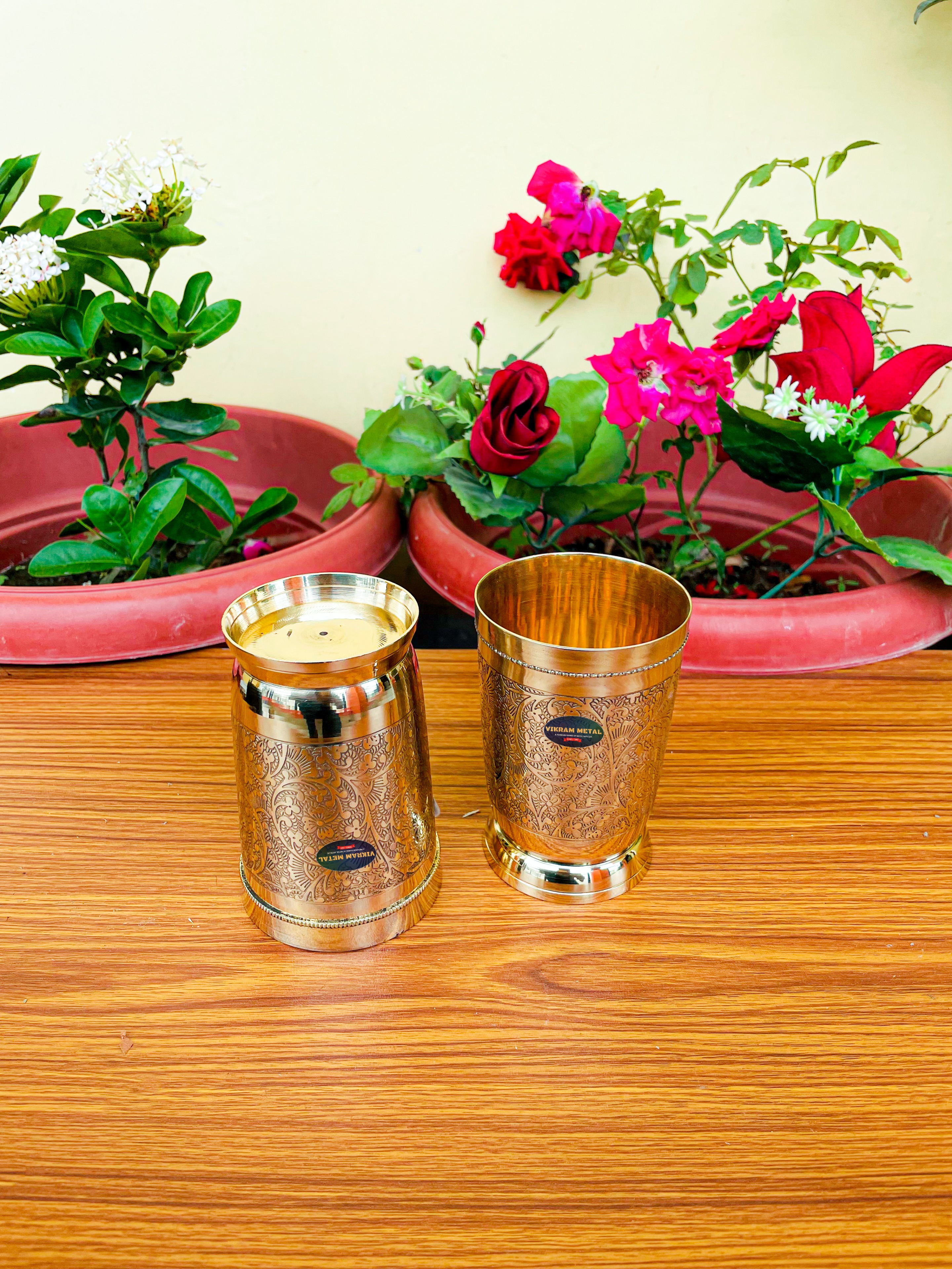 VIKRAM METAL Brass Glass Tumbler with Embossed Design SET OF 2 - 4.2 INCH, GOLDEN, 400 ML