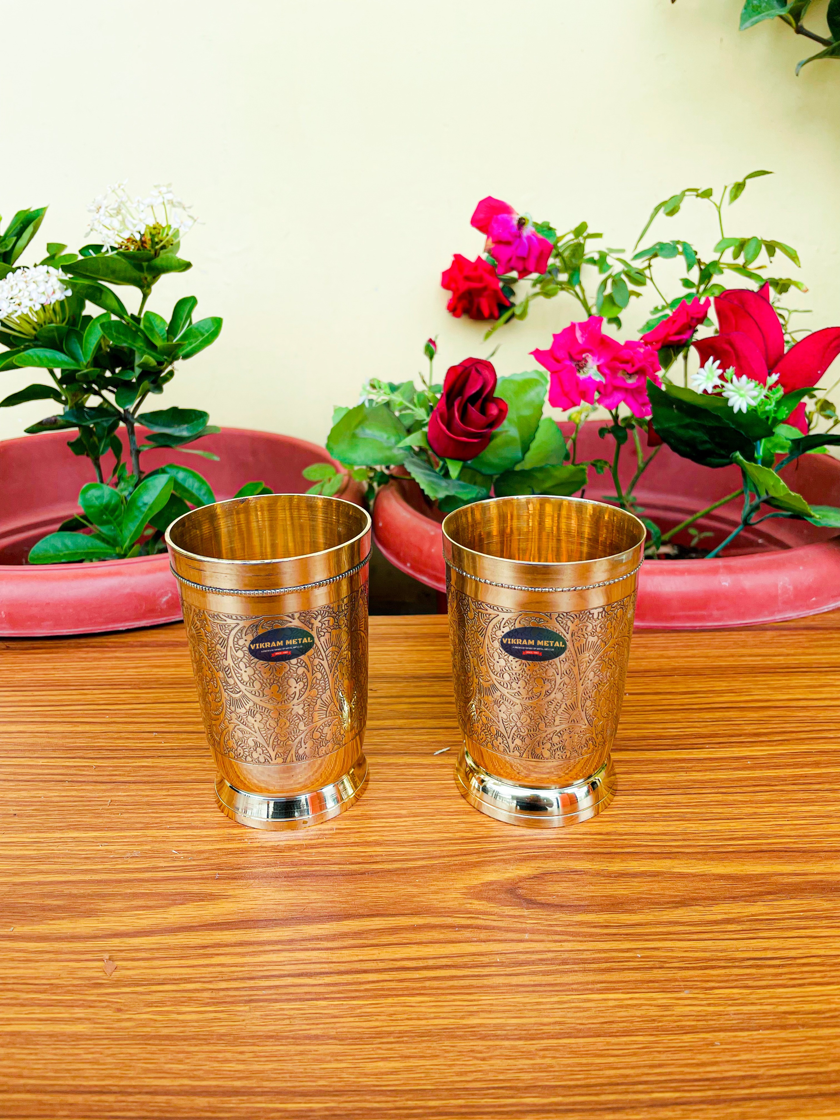 VIKRAM METAL Brass Glass Tumbler with Embossed Design SET OF 2 - 4.2 INCH, GOLDEN, 400 ML