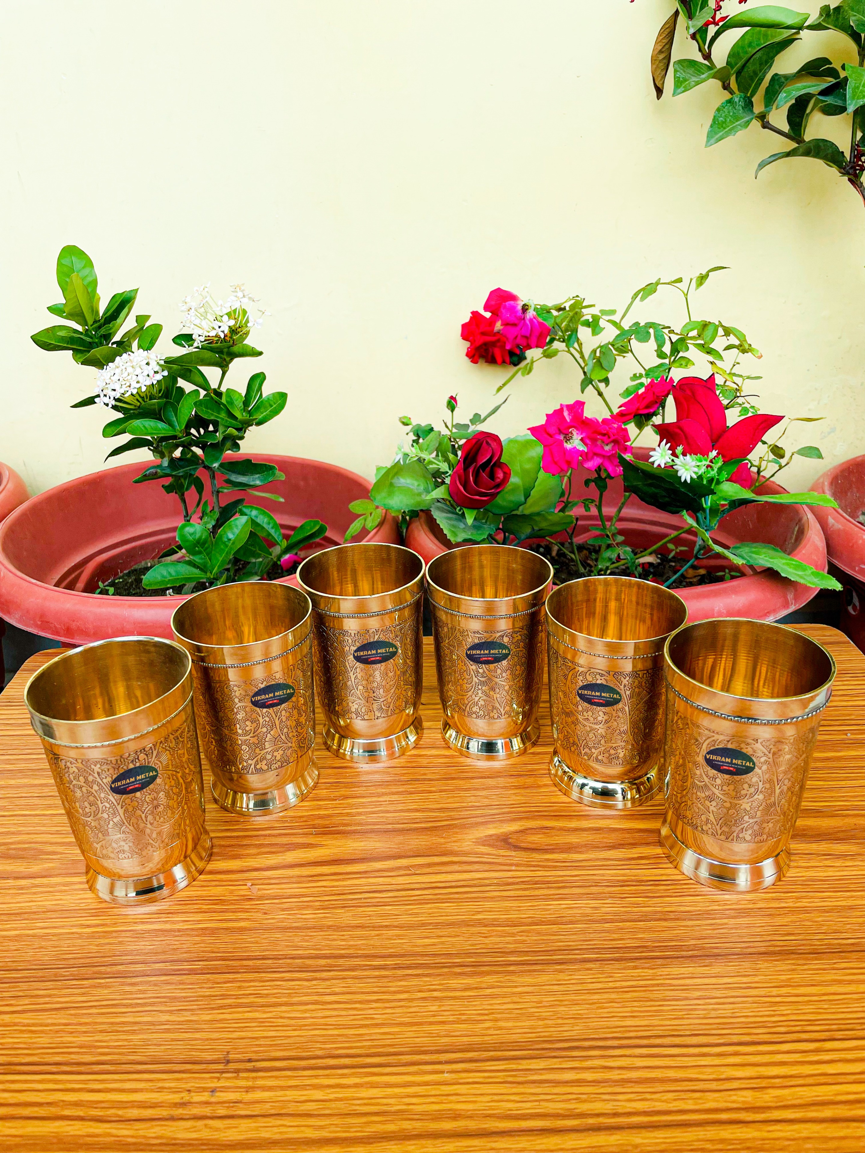 VIKRAM METAL  Brass Glass Tumbler with Embossed Design SET OF 6 - 4.2 INCH, GOLDEN, 400 ML