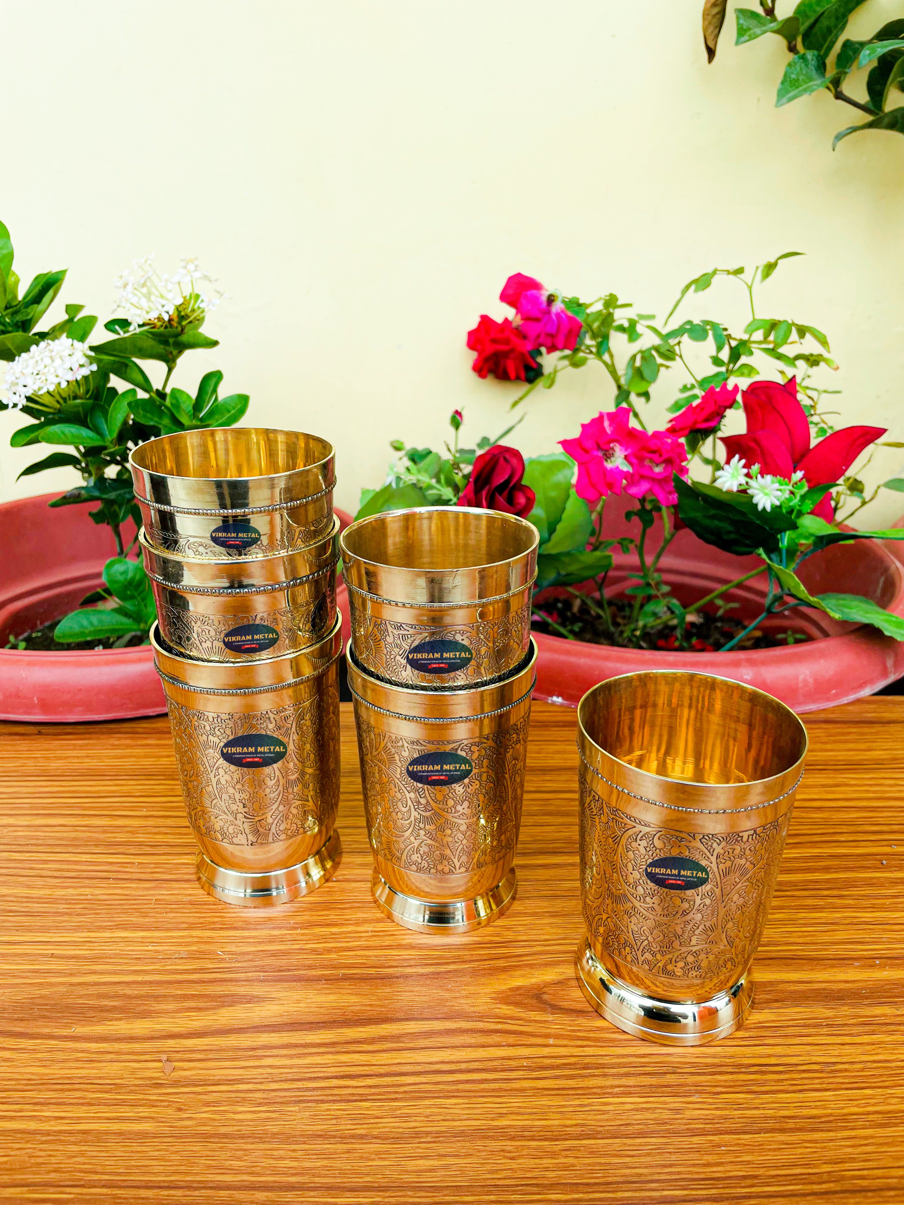 VIKRAM METAL  Brass Glass Tumbler with Embossed Design SET OF 6 - 4.2 INCH, GOLDEN, 400 ML