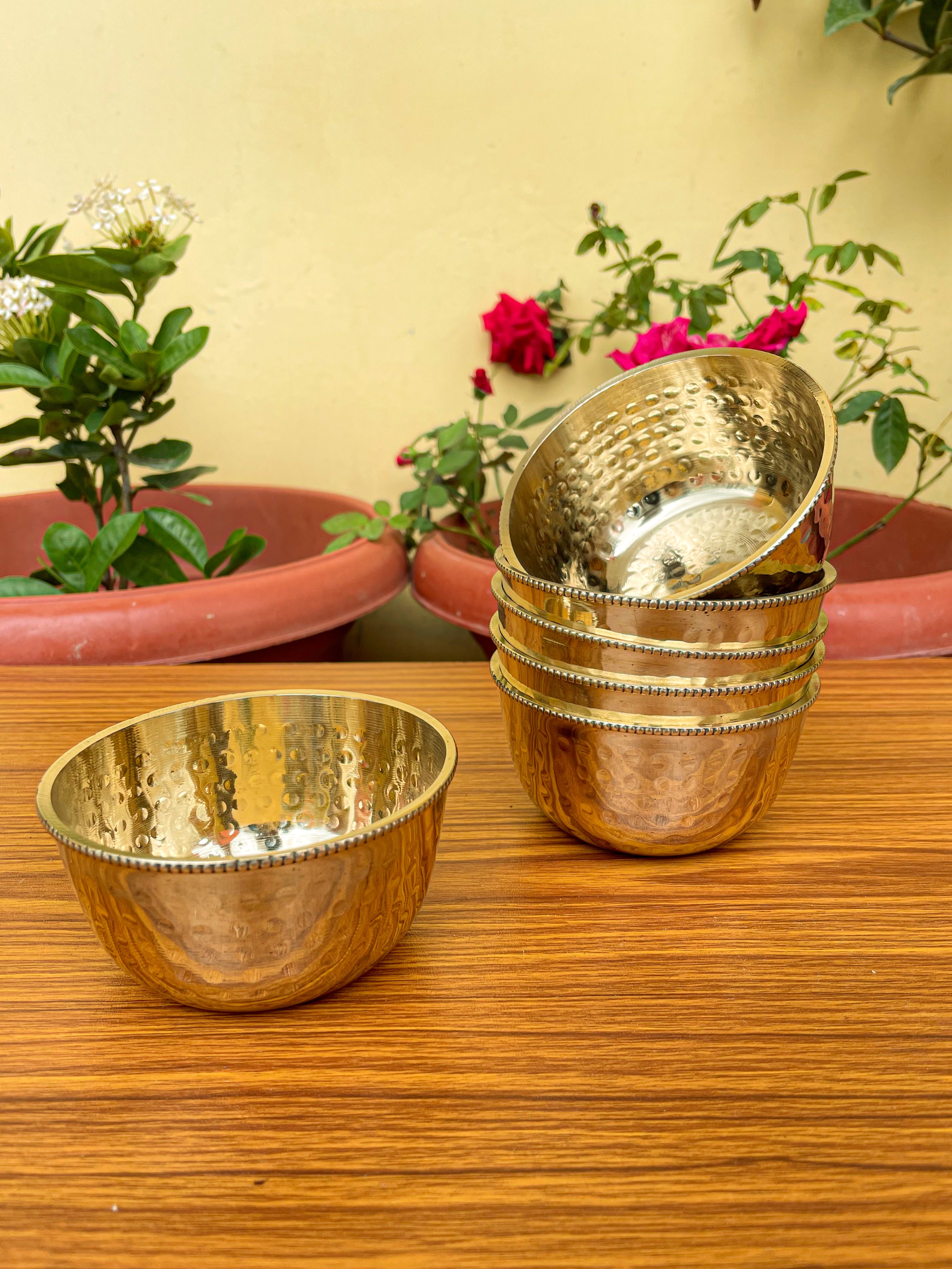 VIKRAM METAL   Brass Hammered Beaded Design Flat Bottom Bowl set of 6 - 2 INCH, GOLDEN, 200ML