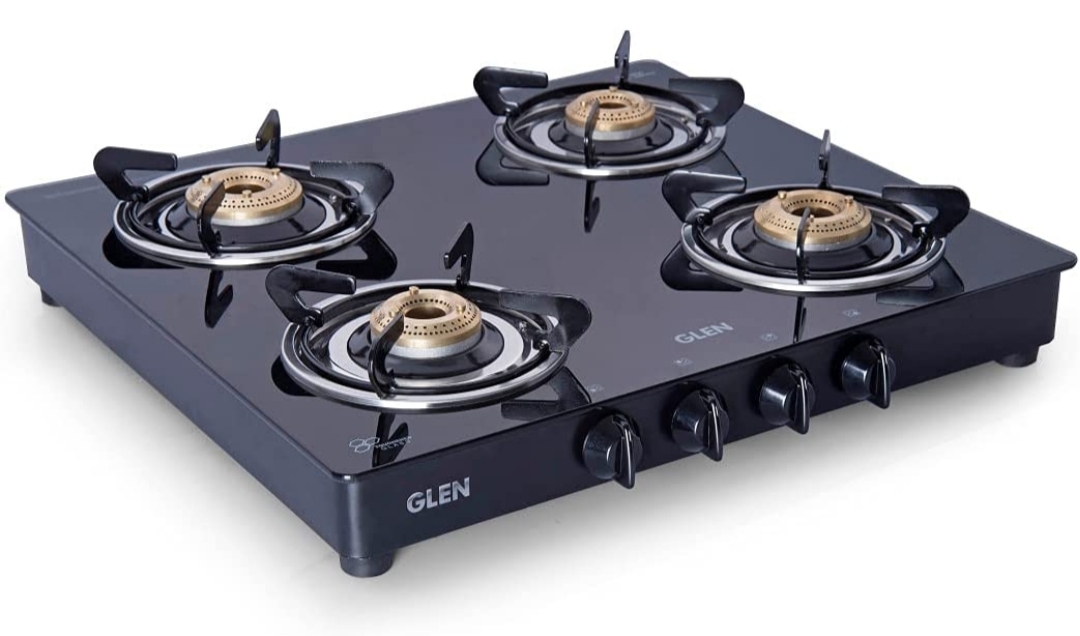 Glen 4 Burner LPG Glass Gas Stove with Brass Burner, Black (CT4B55BLBB)