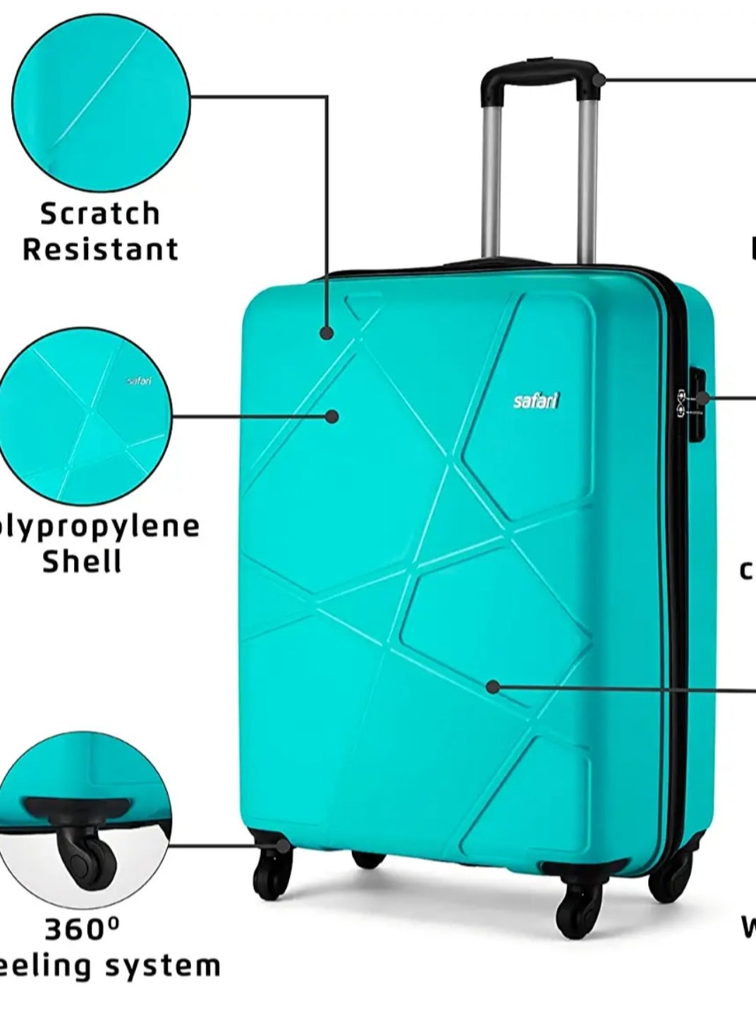 Safari Cyan Hardsided Cabin Luggage, 4 Wheel Trolley Bag, Travel Suitcase for Men and Women - cyan