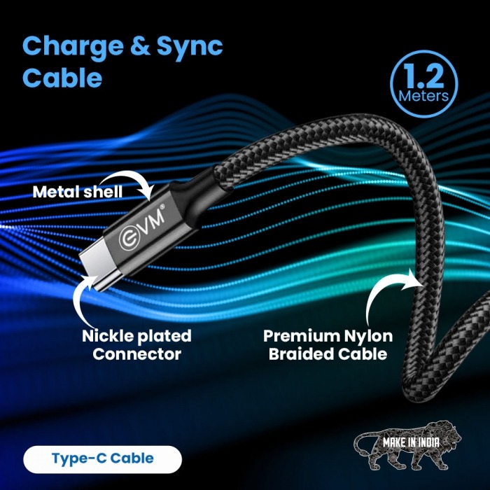 EVM USB Type C Cable 1.2 m CM-05  (Compatible with Tablet, Mobile, Black) - Black