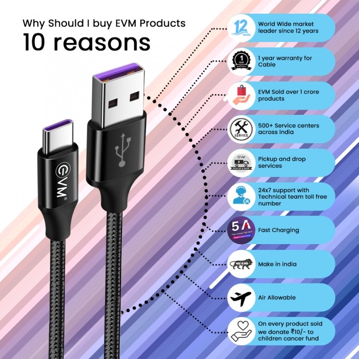 EVM Type-C Superfast Charging Cable 1.2 Meter Charge & Sync Cable Compatible with Smart Phone and Other Devices color Black - Black