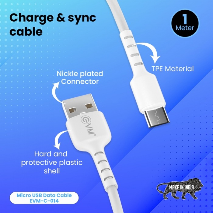 MICRO USB DATA & SYNC CABLE (1 METER, 3 AMP) EVM-C-014 - 1M, White