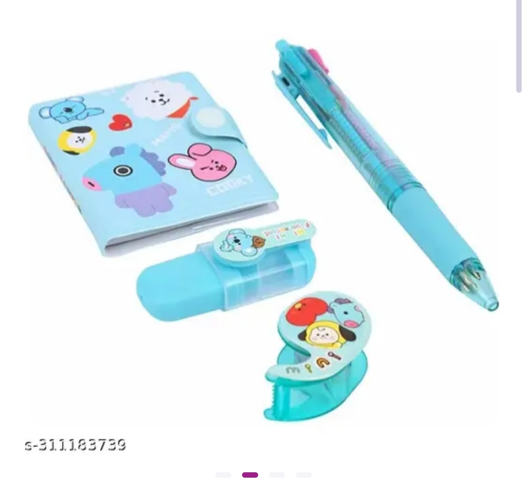 KIDSY BITSY BT21 stationery set for kids- set of (mini diary, tape dispenser, 4 in 1 pen, highlighter). Best for gift and return gift for kidsName: KIDSY BITSY BT21 stationery set for kids- set of (mini diary, tape dispenser, 4 in 1 pen, highlighter). Best for gift and return gift for kidsType: OthersNet Quantity (N): 1Country of Origin: India - Cyan Aqua