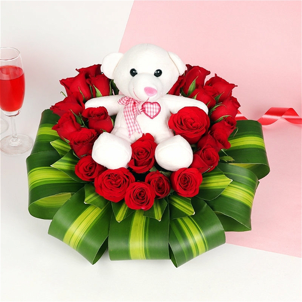 Roses & Teddy Bear Basket