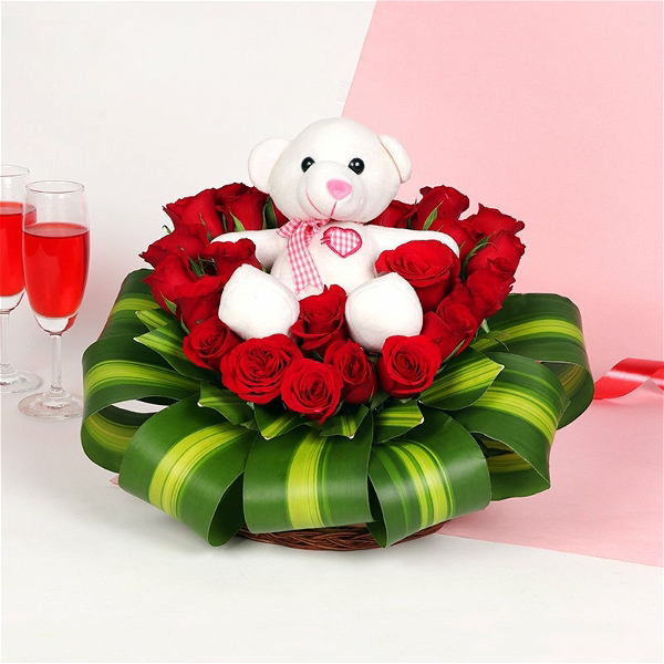 Roses & Teddy Bear Basket