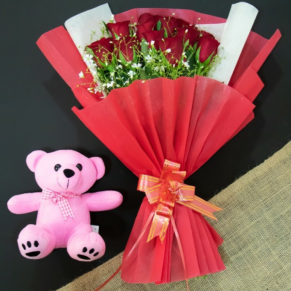 Roses & Teddy Bear Bouquet