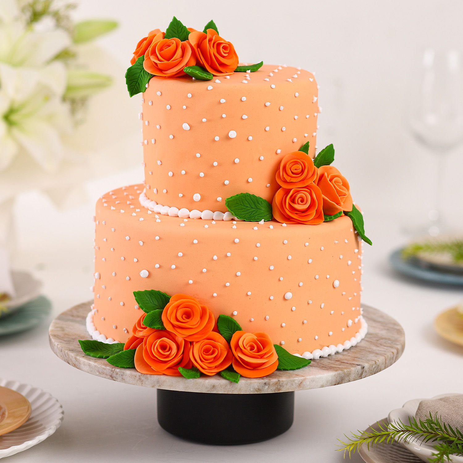 Peach Roses Truffle 2 Tier Cake - 1.5 KG