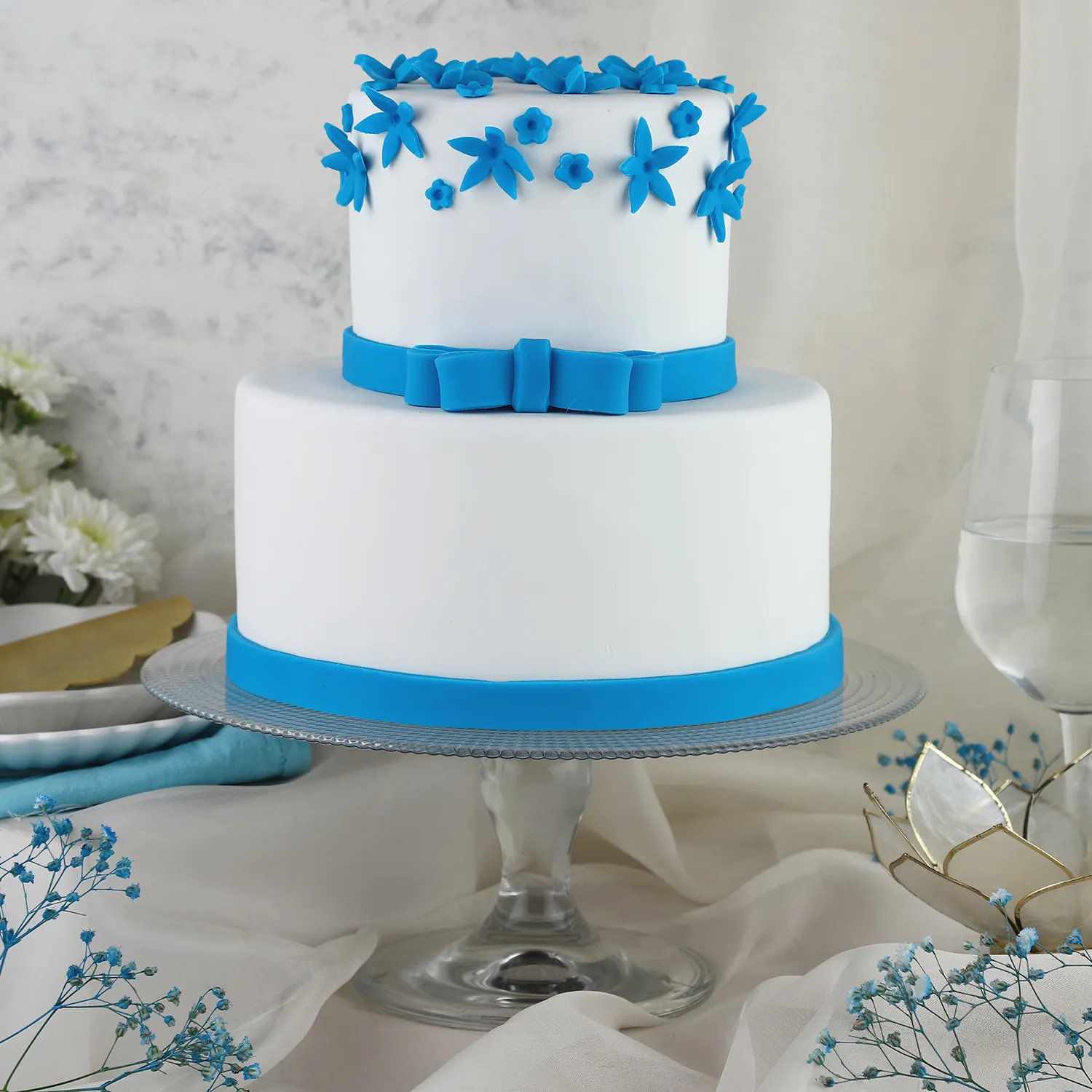 Blue Bow 2 Tier Truffle Cake - 1.5 KG