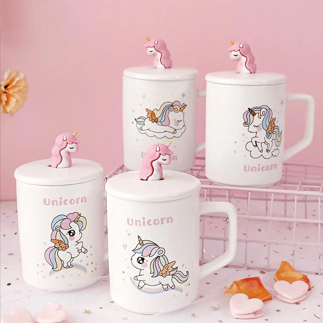 white Unicorn coffee mug with lid and spoon 