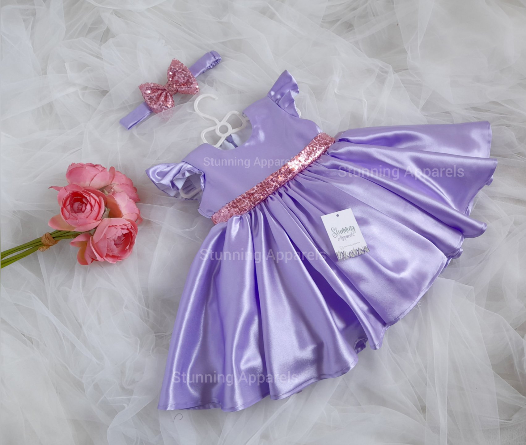 Lavender Pink Sequins Bow Belted Party Wear - Prelude, 3-4 Years