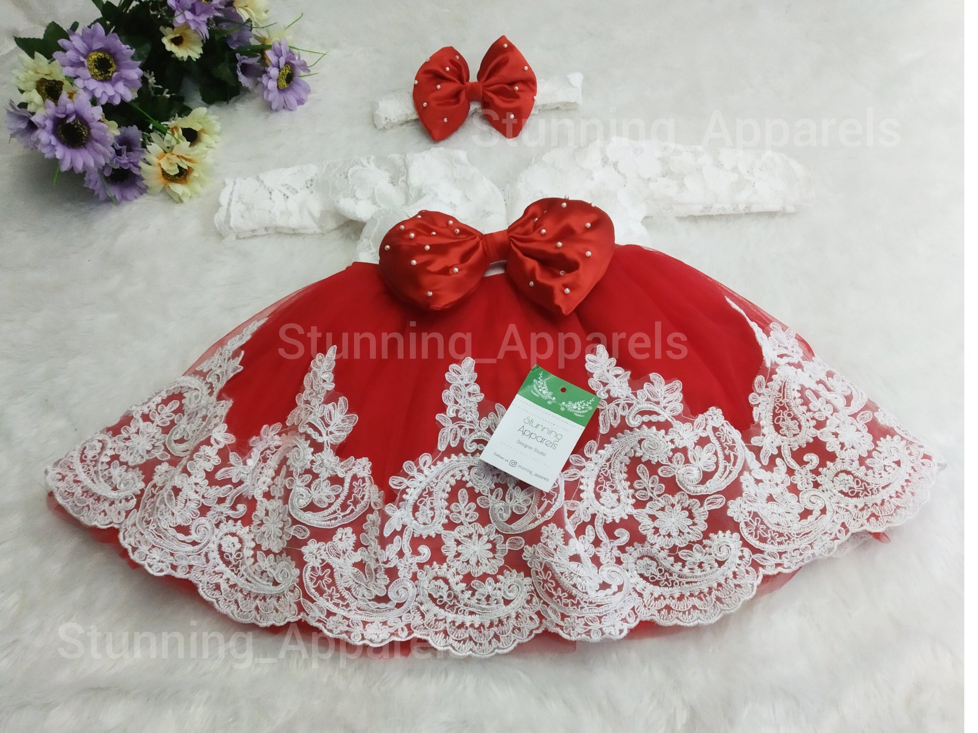 White Lace And Pearls Work Red Dress - Guardsman Red, 3-4 Years