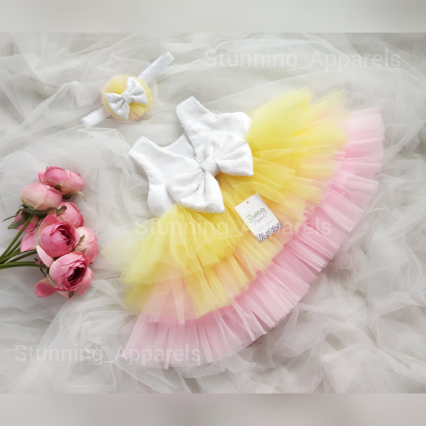 Milky Sequins Bow Multi Color Baby Pink Yellow Layered Frock  - lemon yellow, 9-12