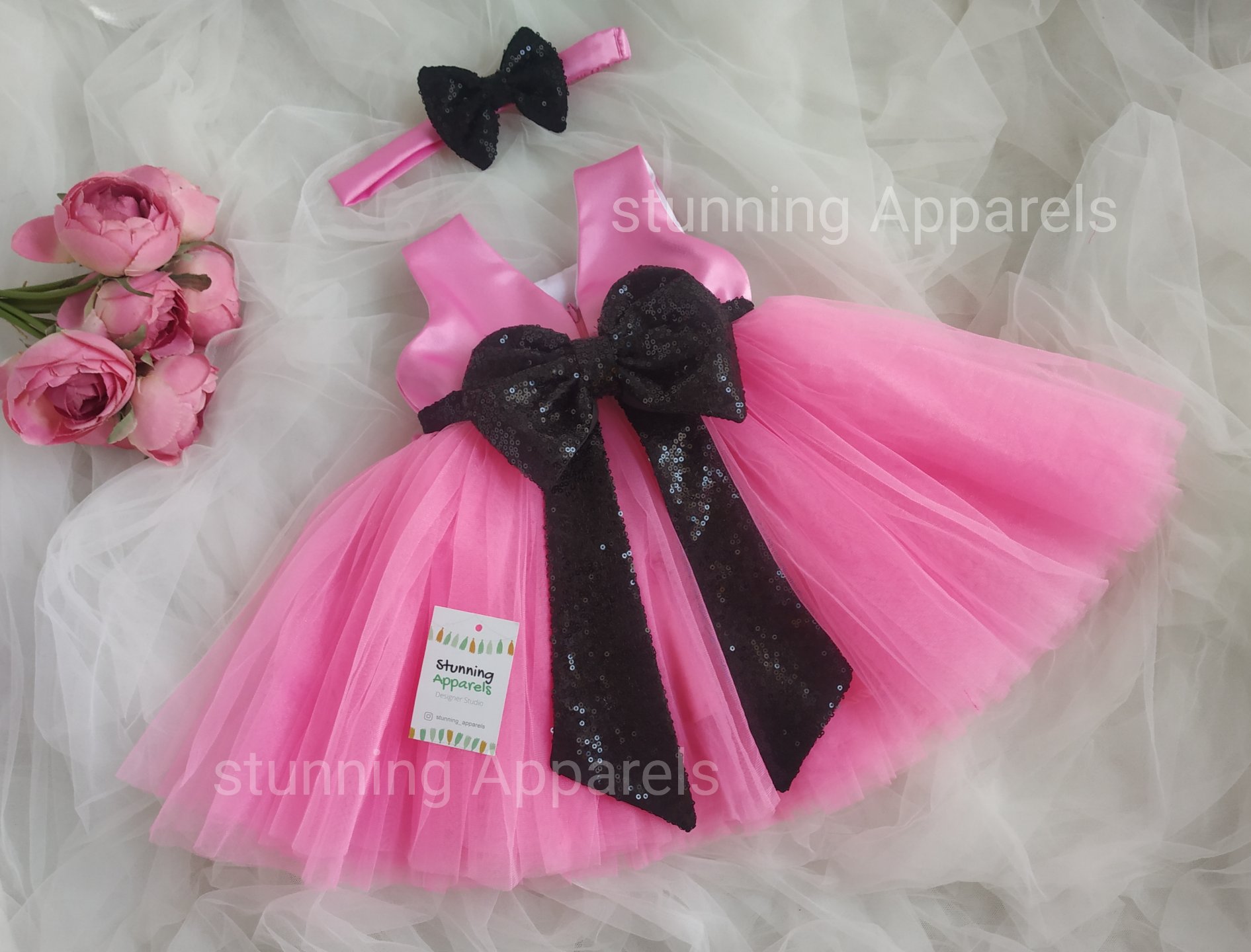 Flemingo Pink Stylish Partywear Frock  - flemingo pink, 0-3 Months