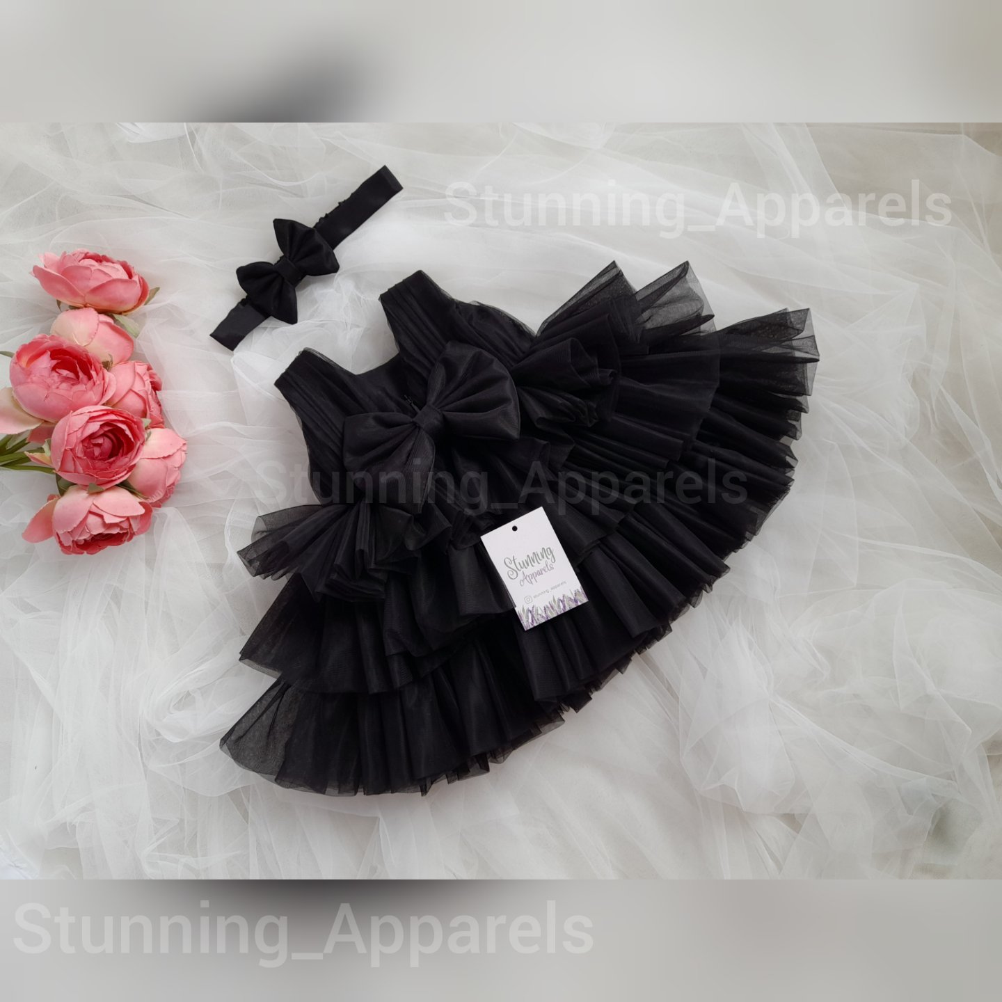 Double  Folded Layered Partywear Black Frock  - Black, 0-3 Months