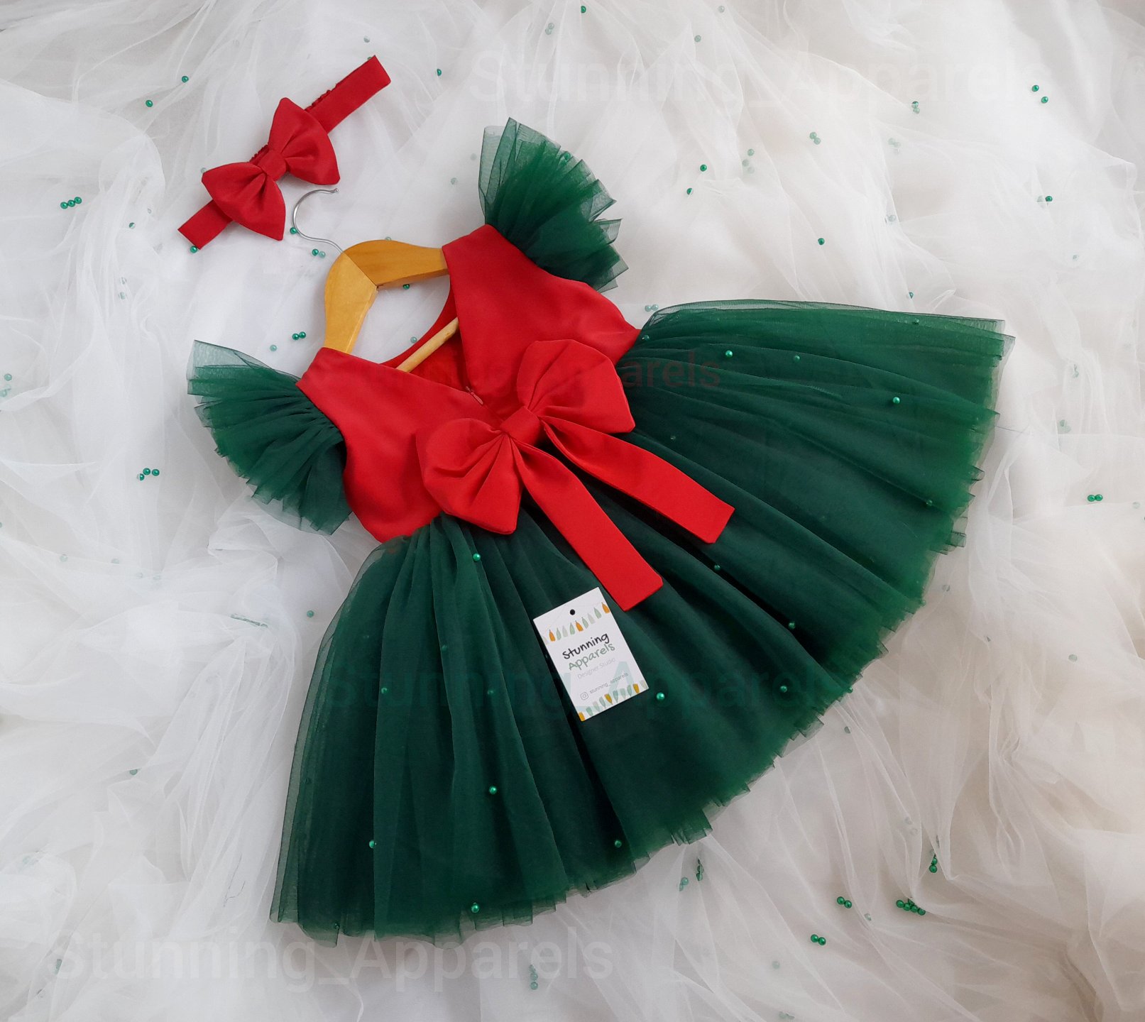 Green Pearls Work Christmas  Frock  - 0-3 Months