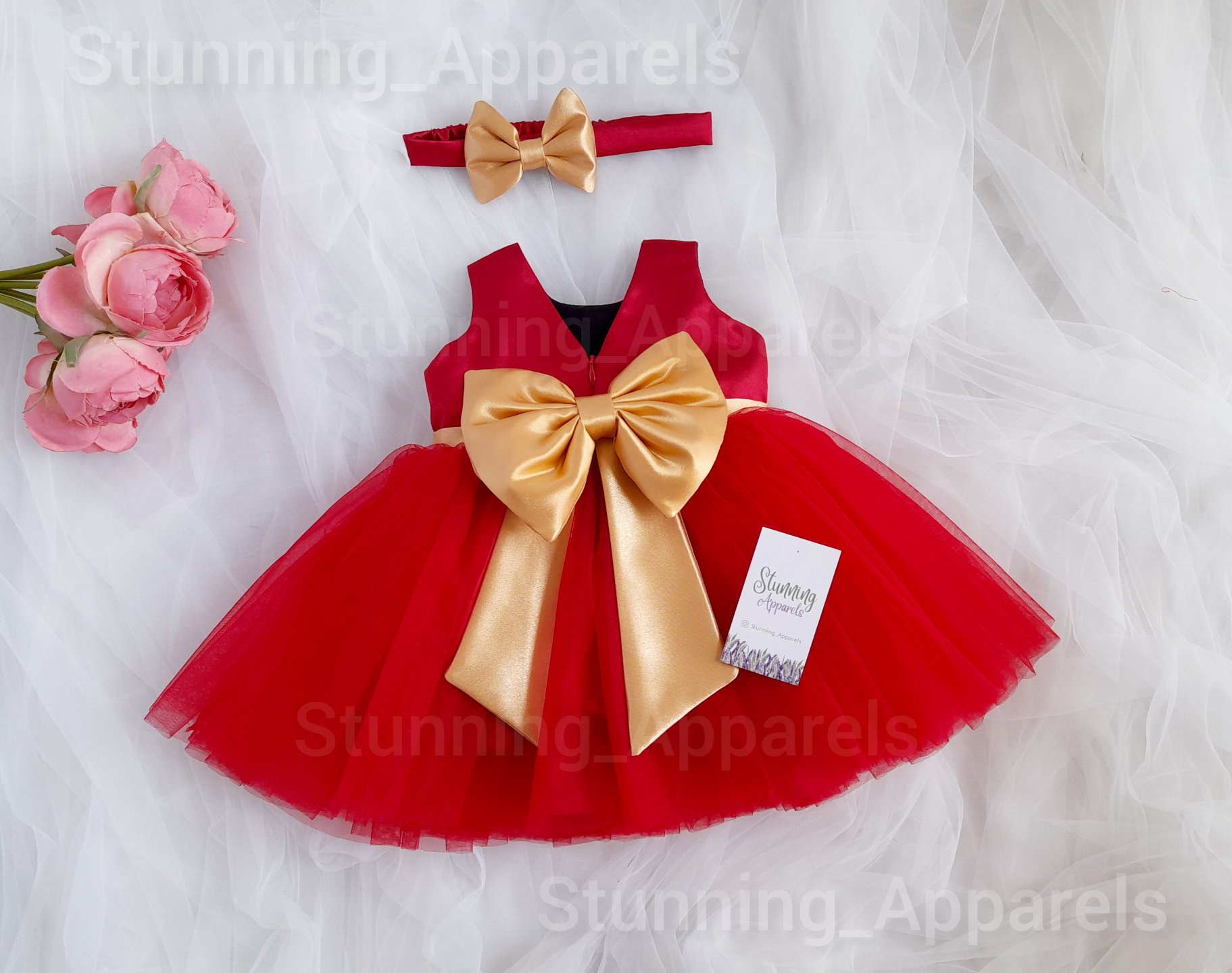 Golden Satin Bow Red Cute Frock  - 5-6years