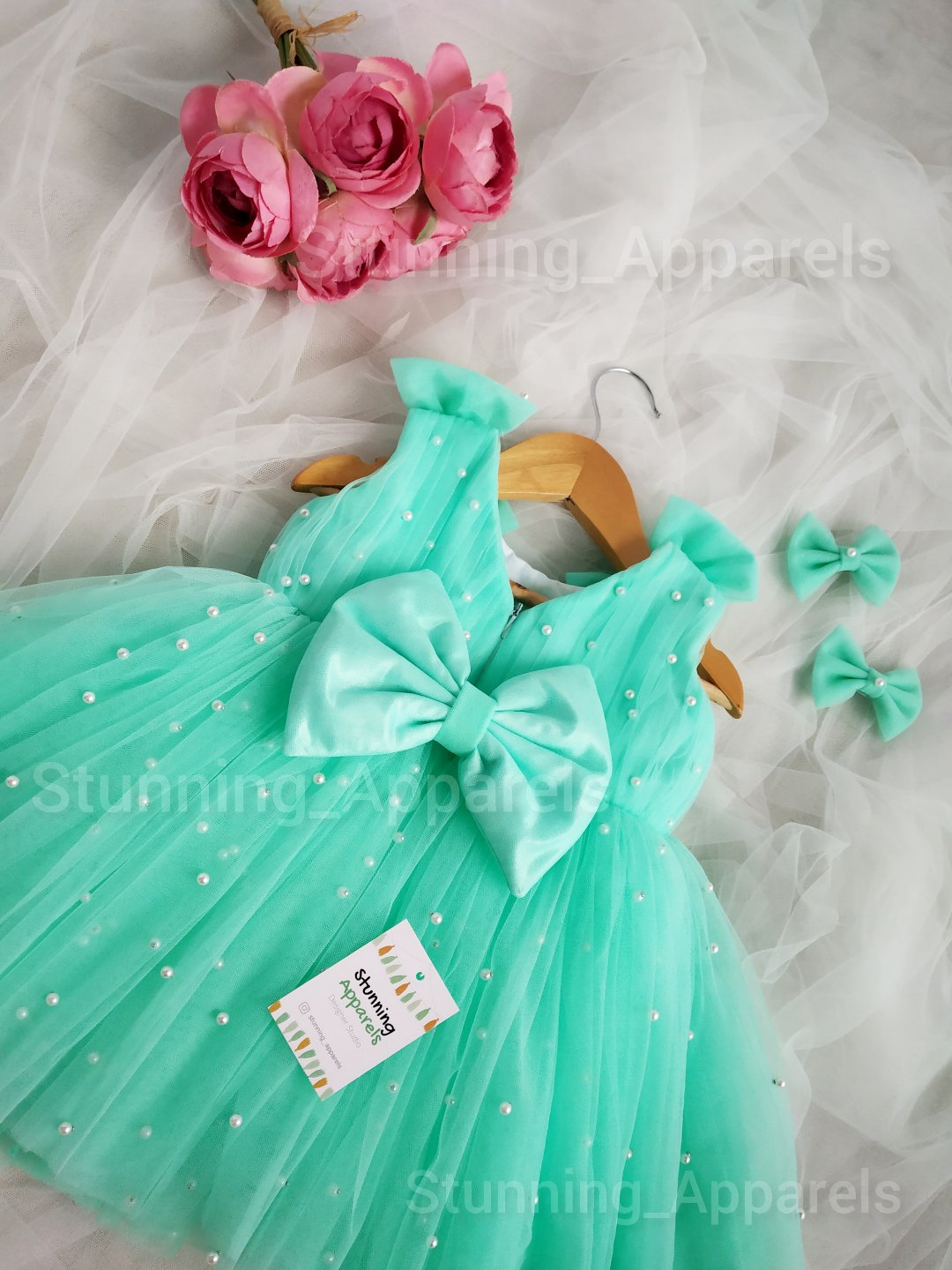 Pearls Work Sea Green Frock  - 3-6 Month