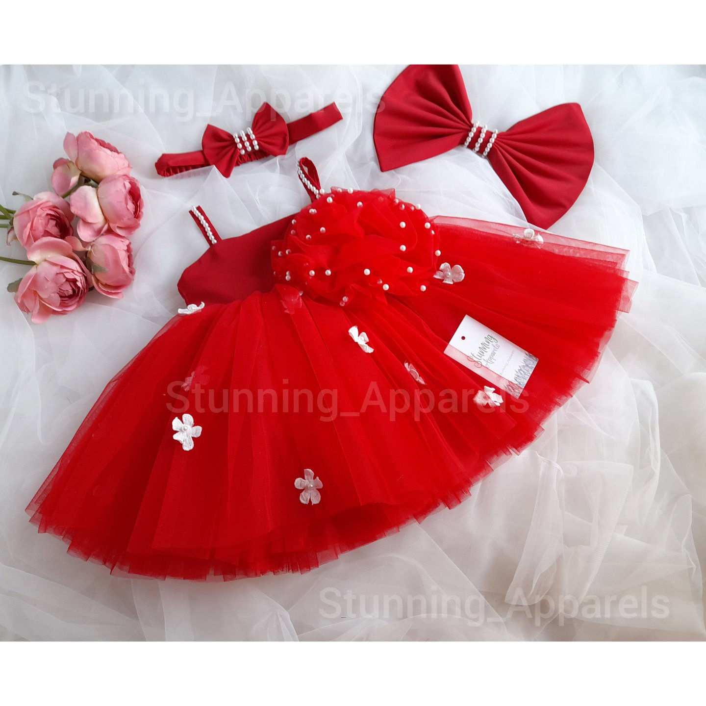 White Pearls And Flowers Work Strapped  Partywear Red Frock - 1-2 Years