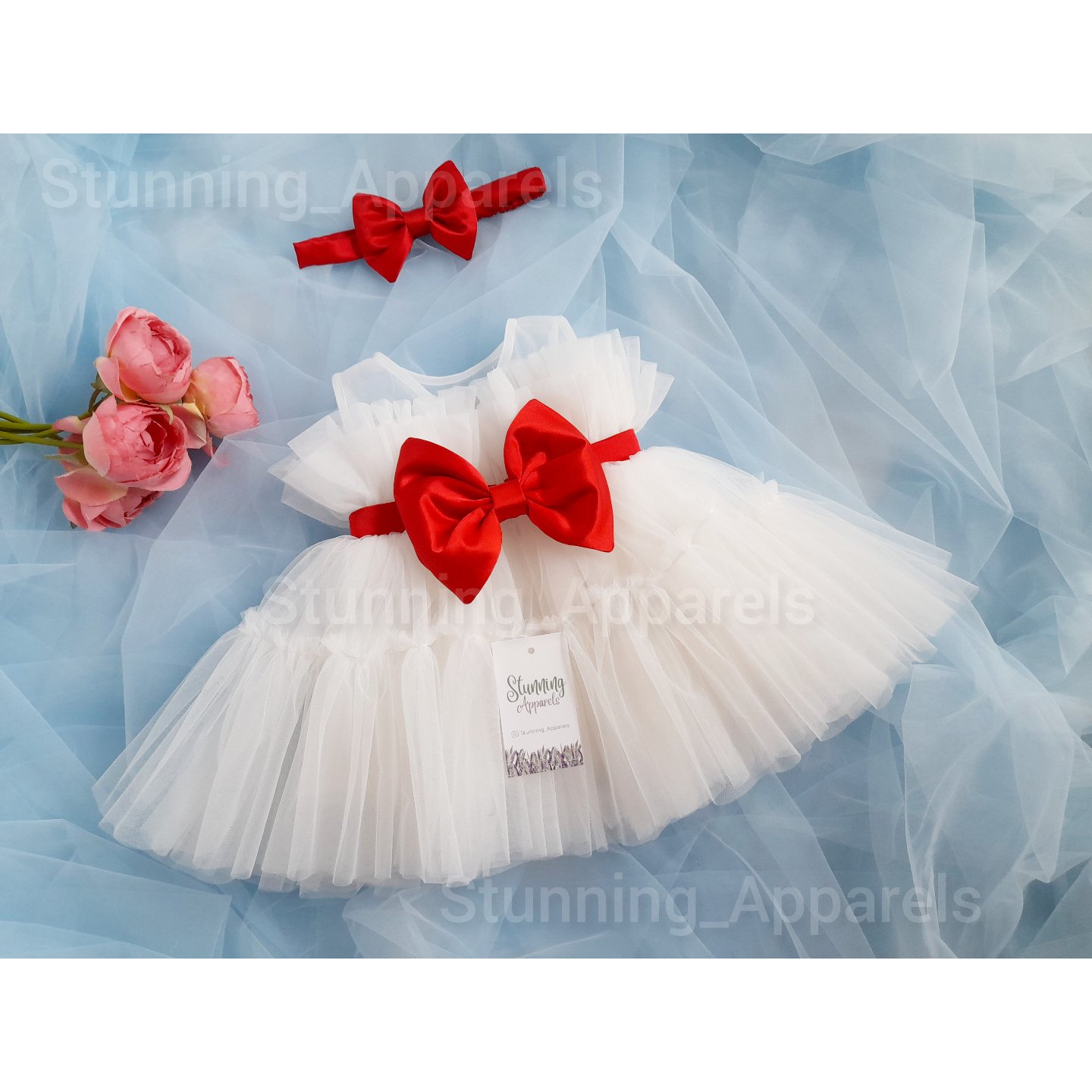 Red Satin Bow Ruffled Partywear White Frock  - 9-12 Month