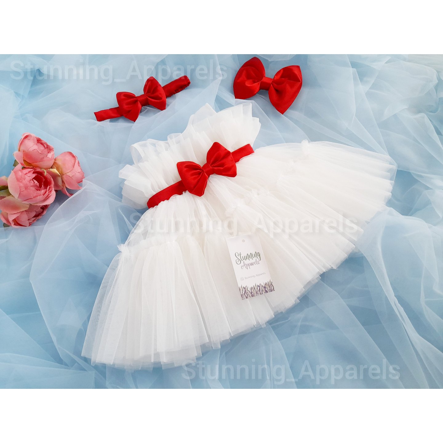 Red Satin Bow Ruffled Partywear White Frock  - 9-12 Month