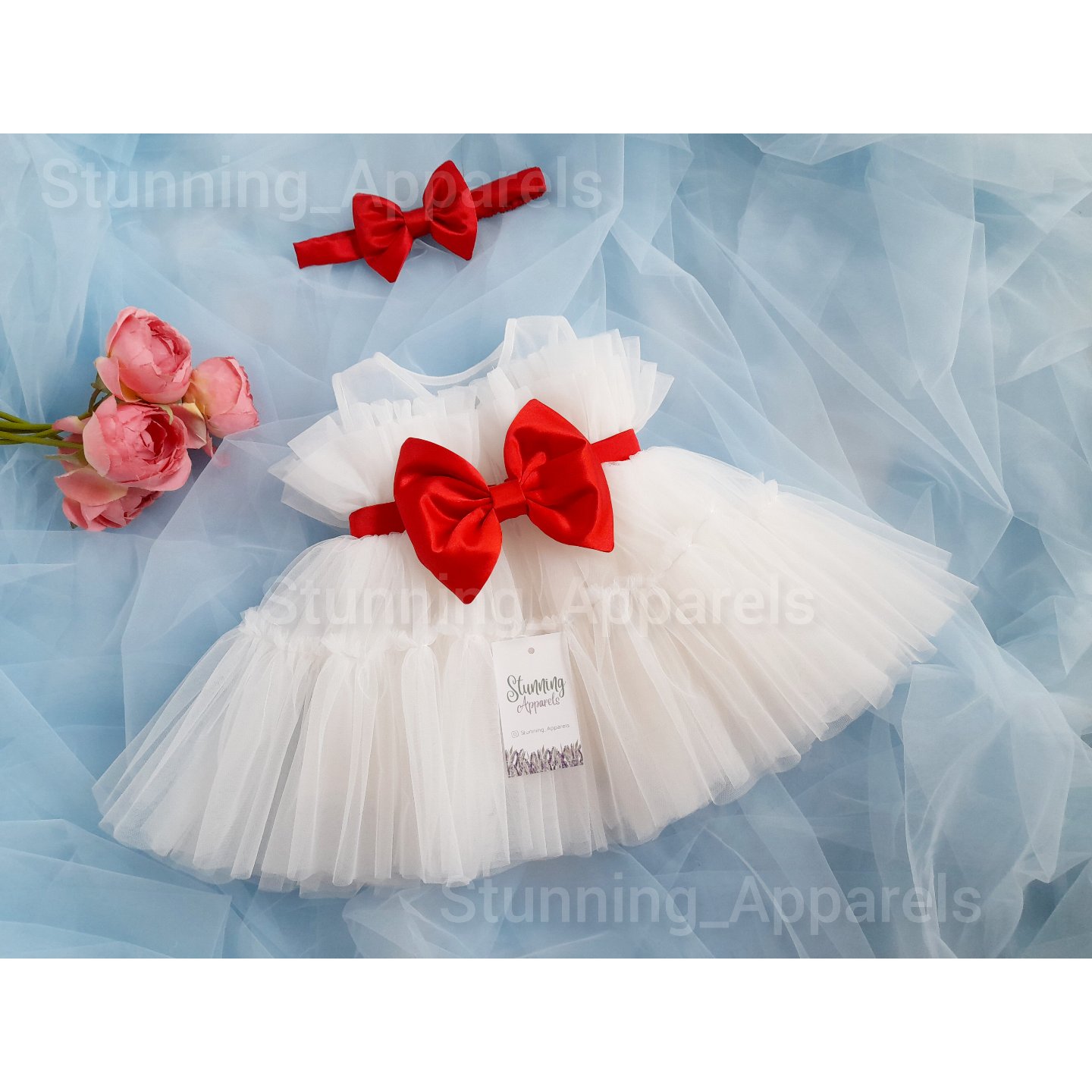 Red Satin Bow Ruffled Partywear White Frock  - 9-10 Years