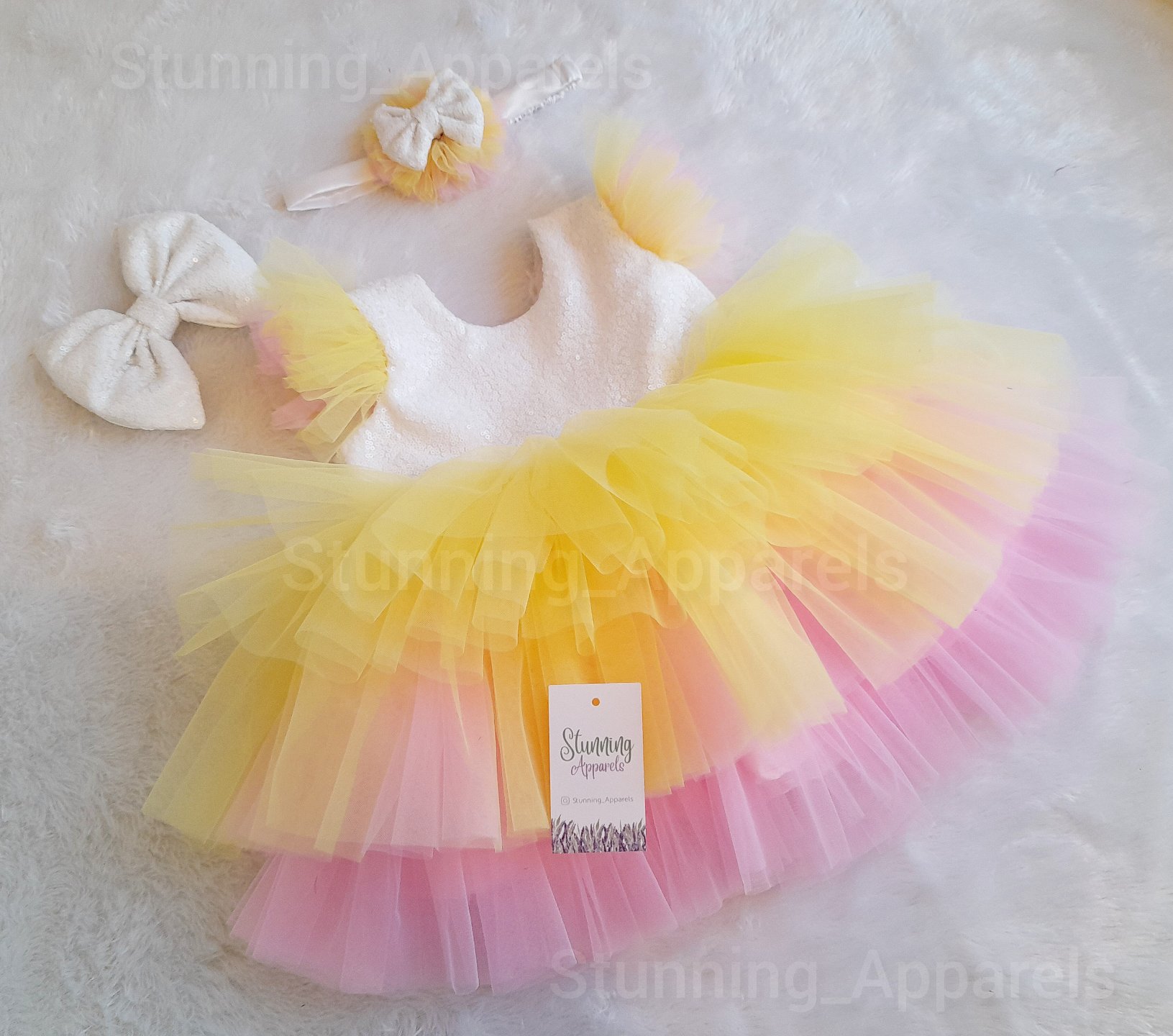 Pink And Yellow Layered Mlky Sequins Baby Frock  - 1-2 Years