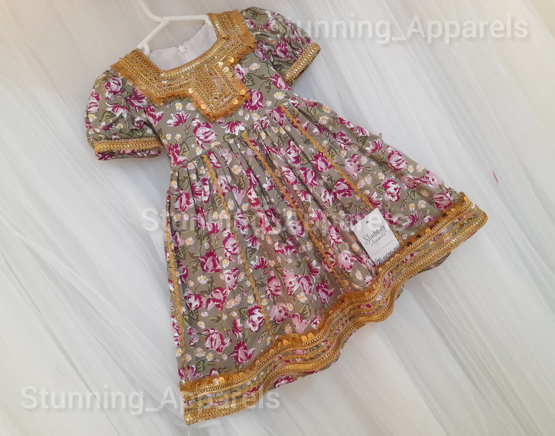 New Traditional  Flower Printed  Golden Matalic Lace Work Frock  - 6-9 Month