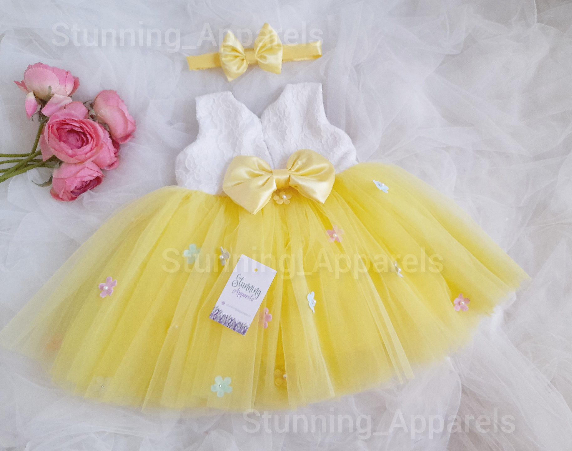 Multi Color Flower Work Yellow Frock  - 0-3 Months