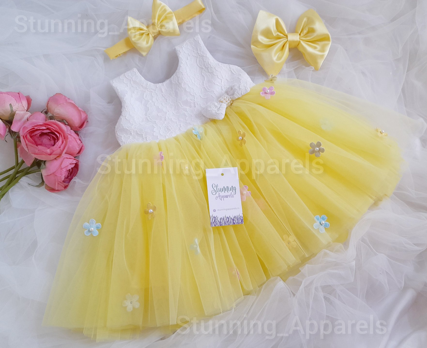 Multi Color Flower Work Yellow Frock  - 6-9 Month