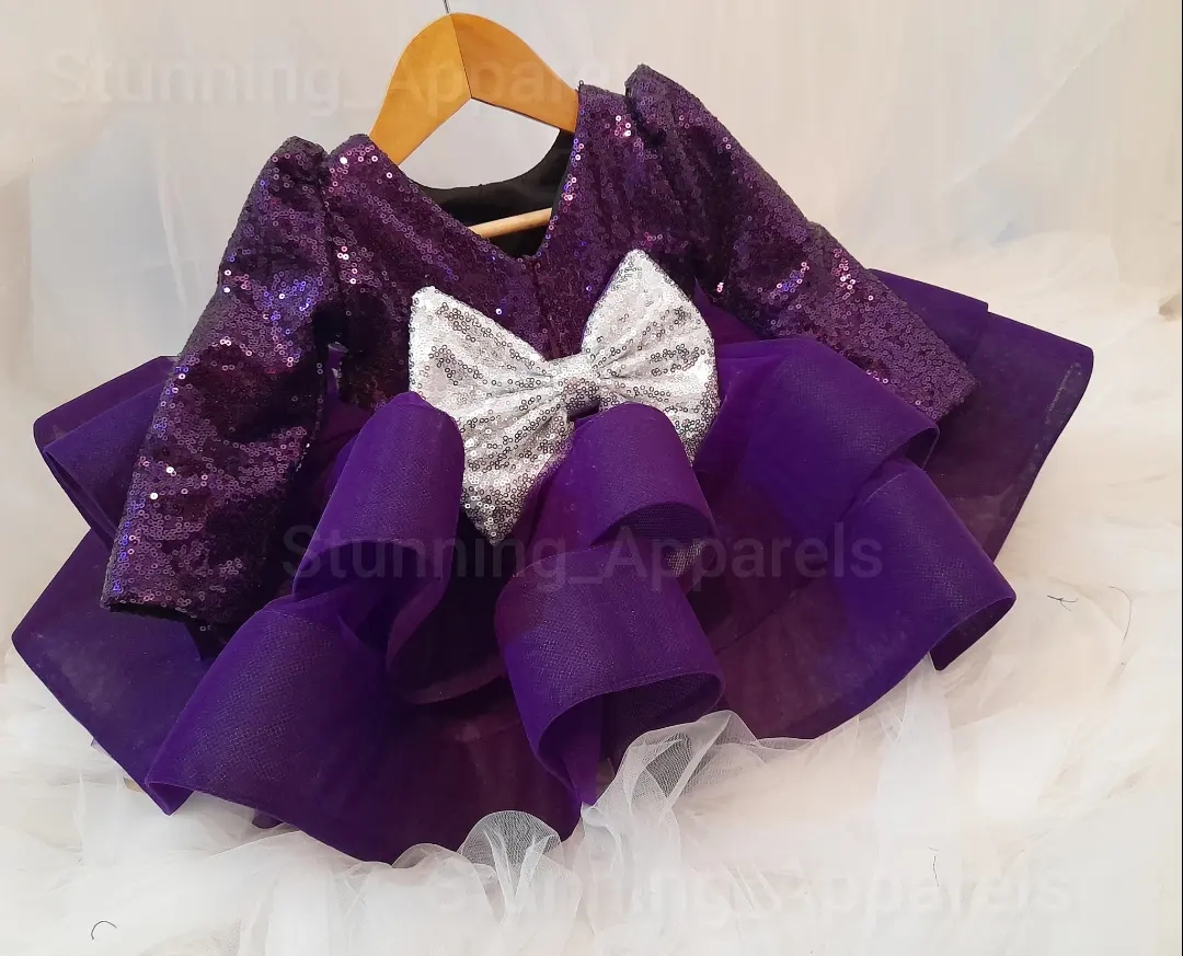 Designer Purplè Sequins Long Sleeves Partywear Frock  - 6-9 Month