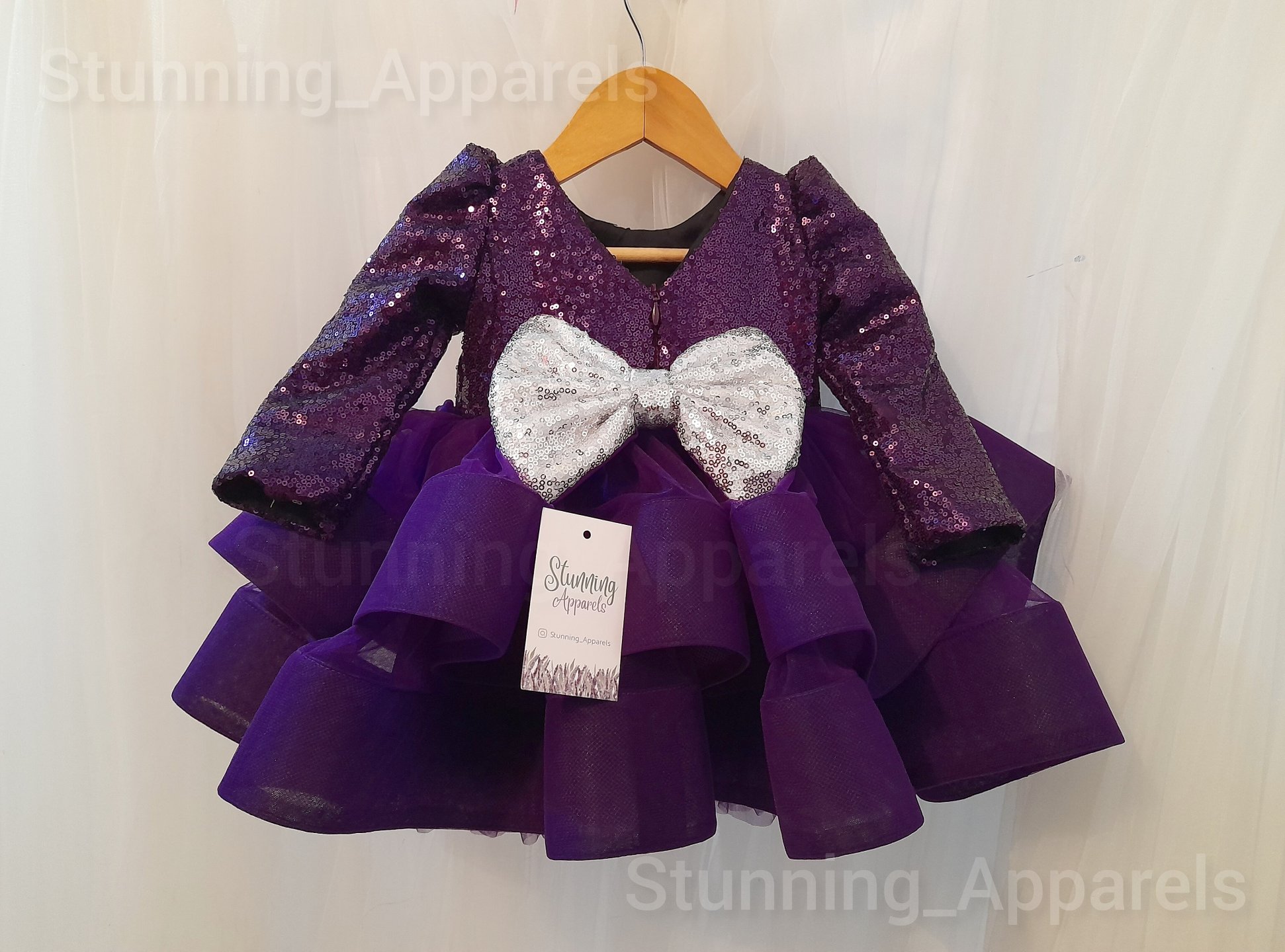 Designer Purplè Sequins Long Sleeves Partywear Frock  - 9-12 Month