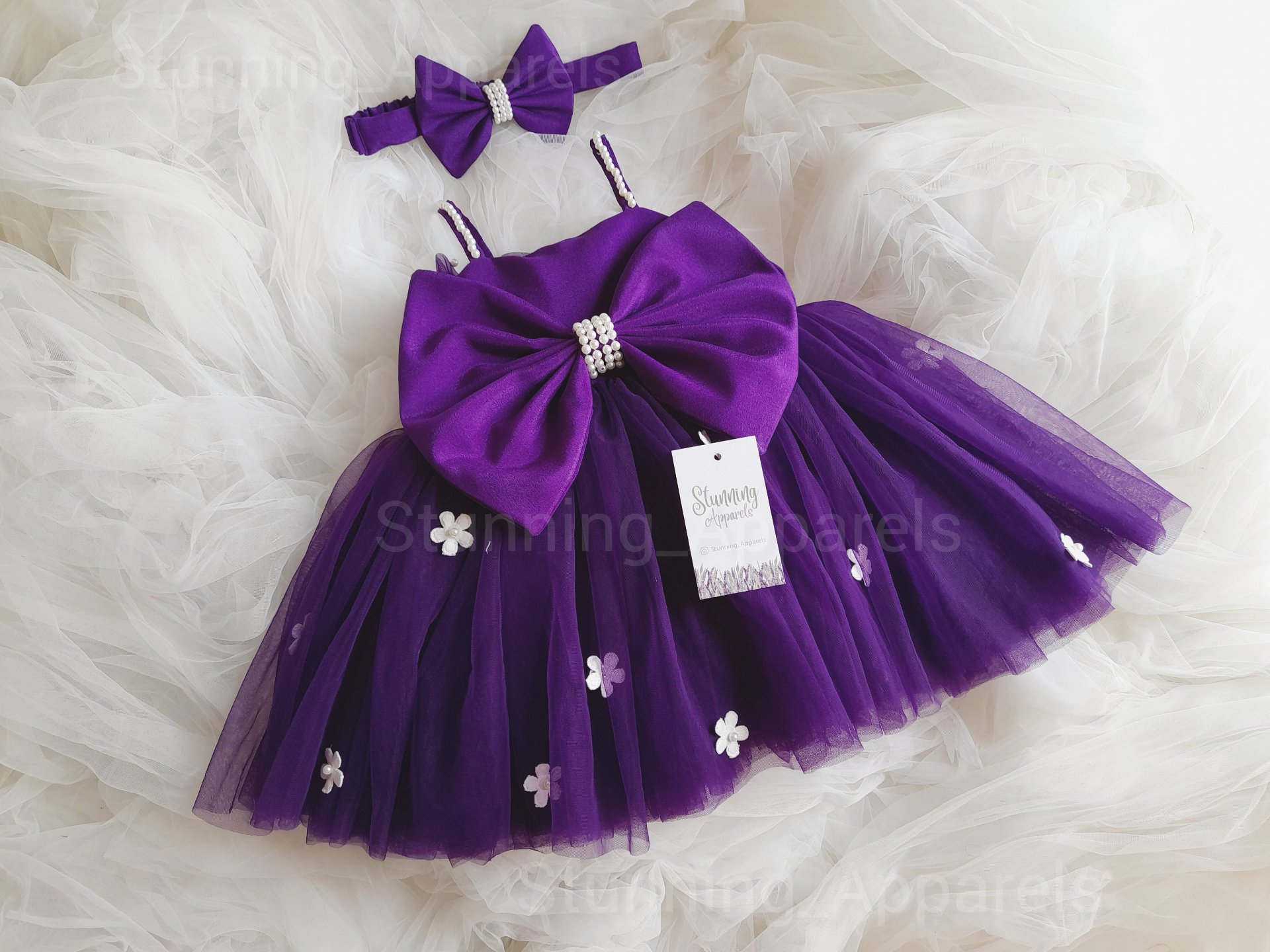 Purple White Flowers Work Partywear  Frock  - 1-2 Years