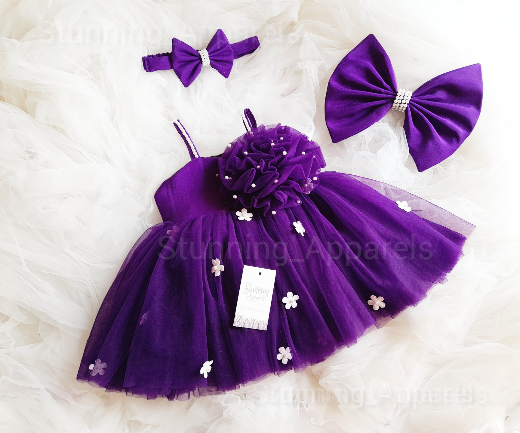 Purple White Flowers Work Partywear  Frock  - 1-2 Years