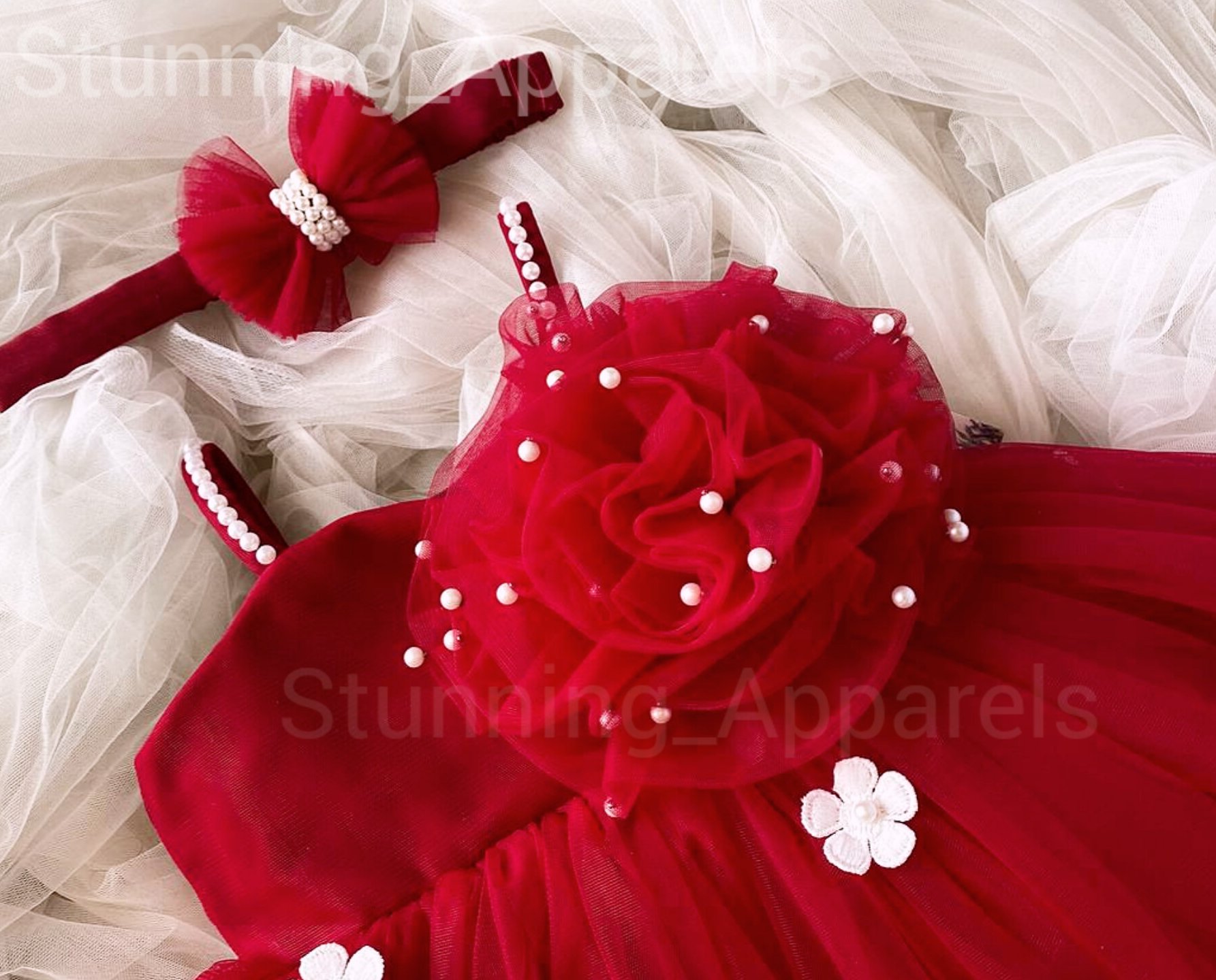 White Flowers Ruby Red  Partywear Dress - 0-3 Months