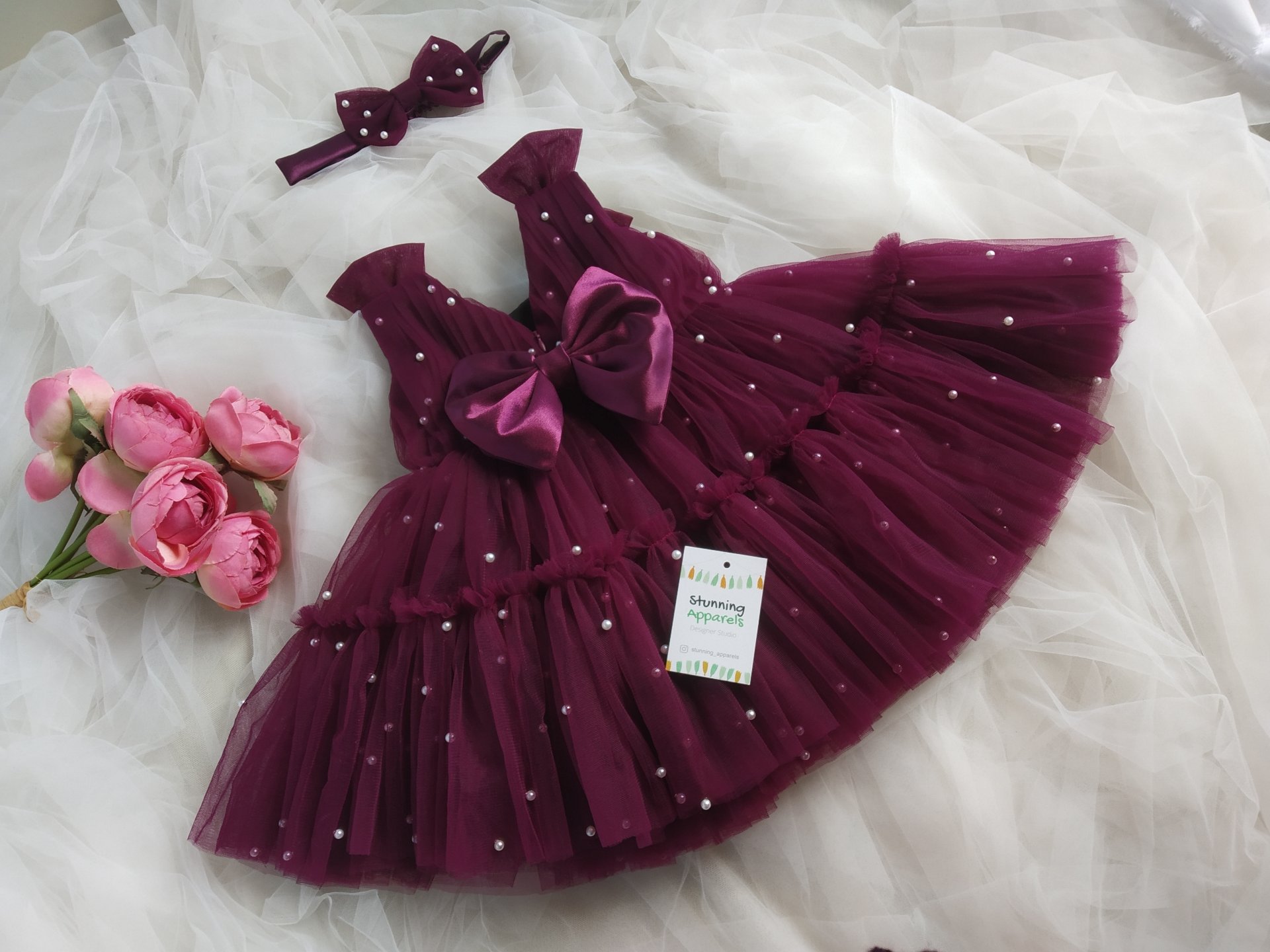 White Pearls Work Partywear  Wine Ruffled Dress  - 9-12 Month