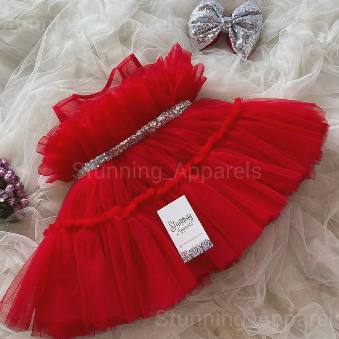 Silver Sequins Belt And Bow Partywear Red Dress - 5-6 Years