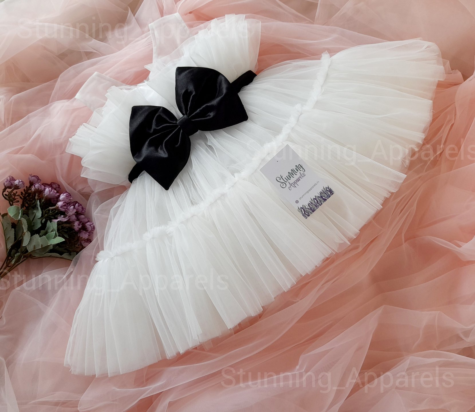 Black Satin Bow Partywear  Ruffled White Dress - 2-3 Year
