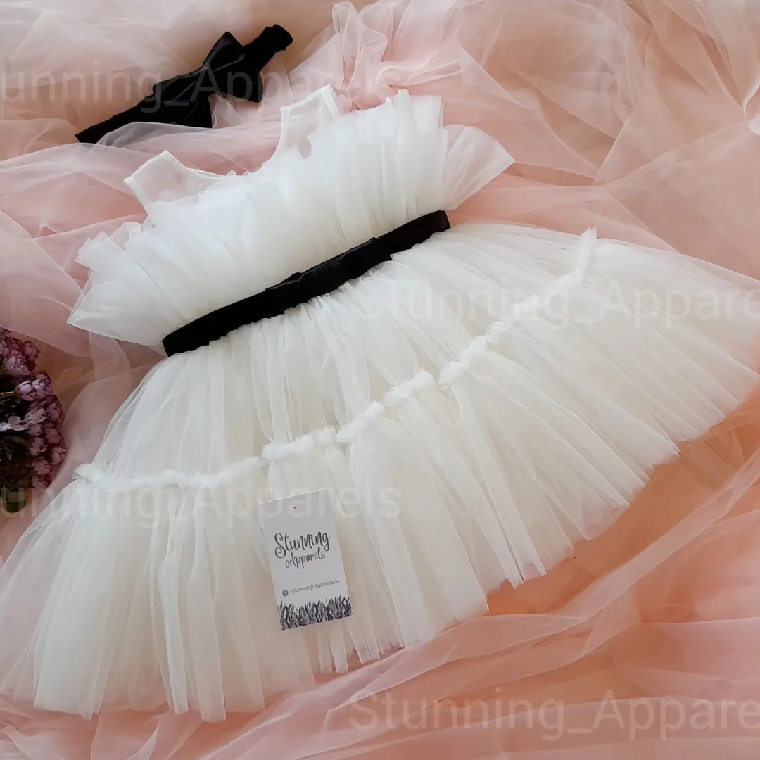 Black Satin Bow Partywear  Ruffled White Dress - 5-6 Years