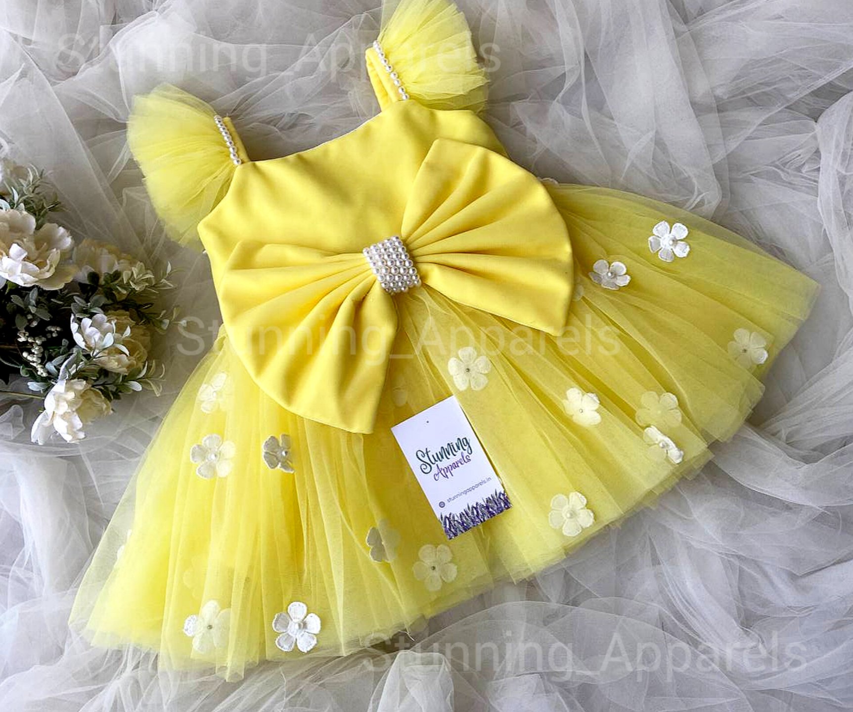 Ruffled Sleeves Strapped  Partywear Yellow Dress  - 0-3 Months