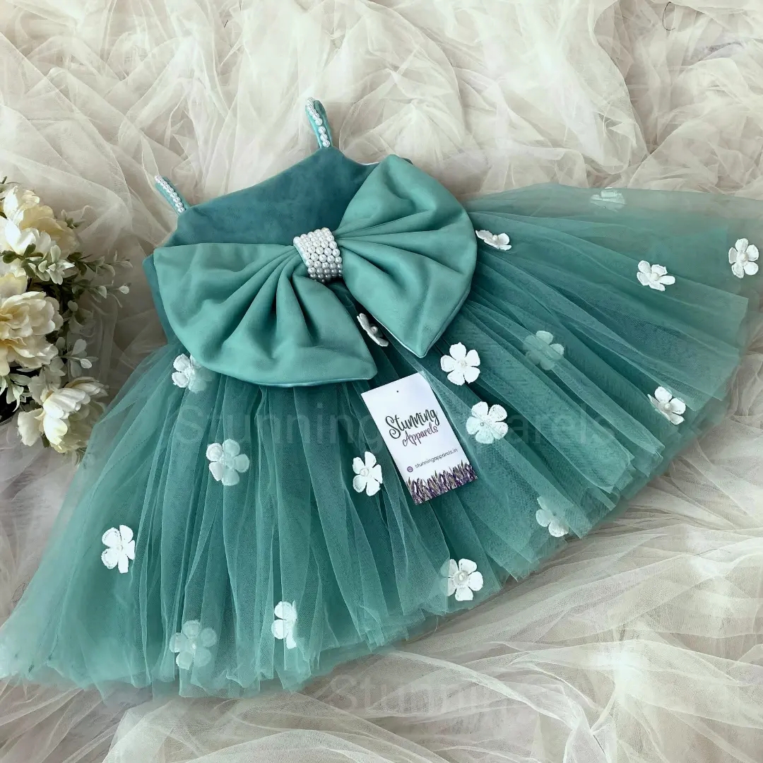 White Flower Strapped  Teal Green Partywear  Dress  - 4-5 Years