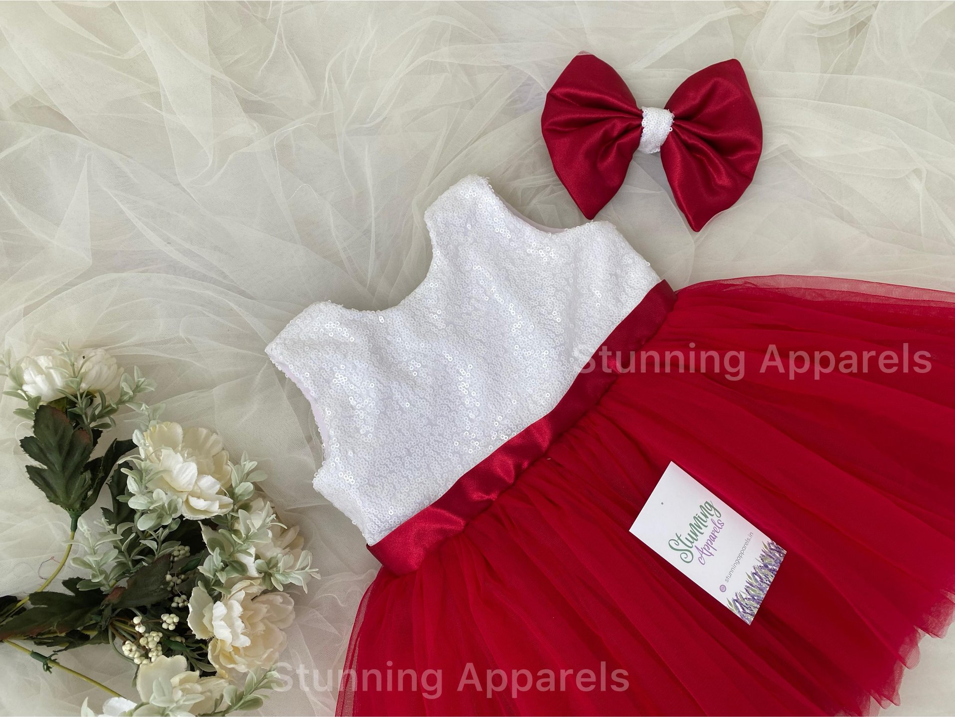 Stylish Milky Sequins Partywear  Ruby Red Dress - 1-2 Years