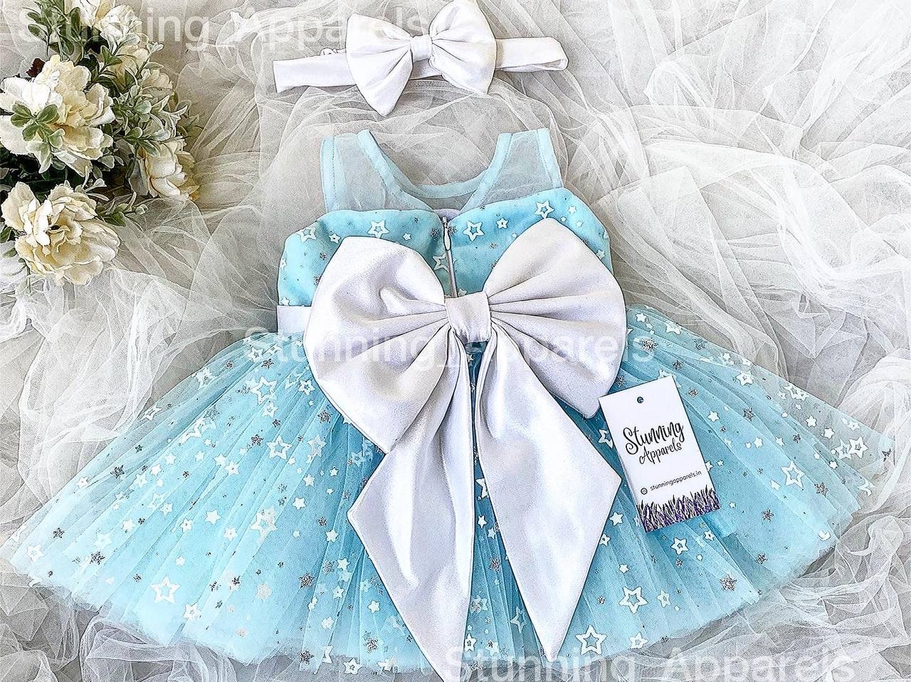 Stylish White Satin Bow Partywear Sky Blue Dress - 0-3 Months