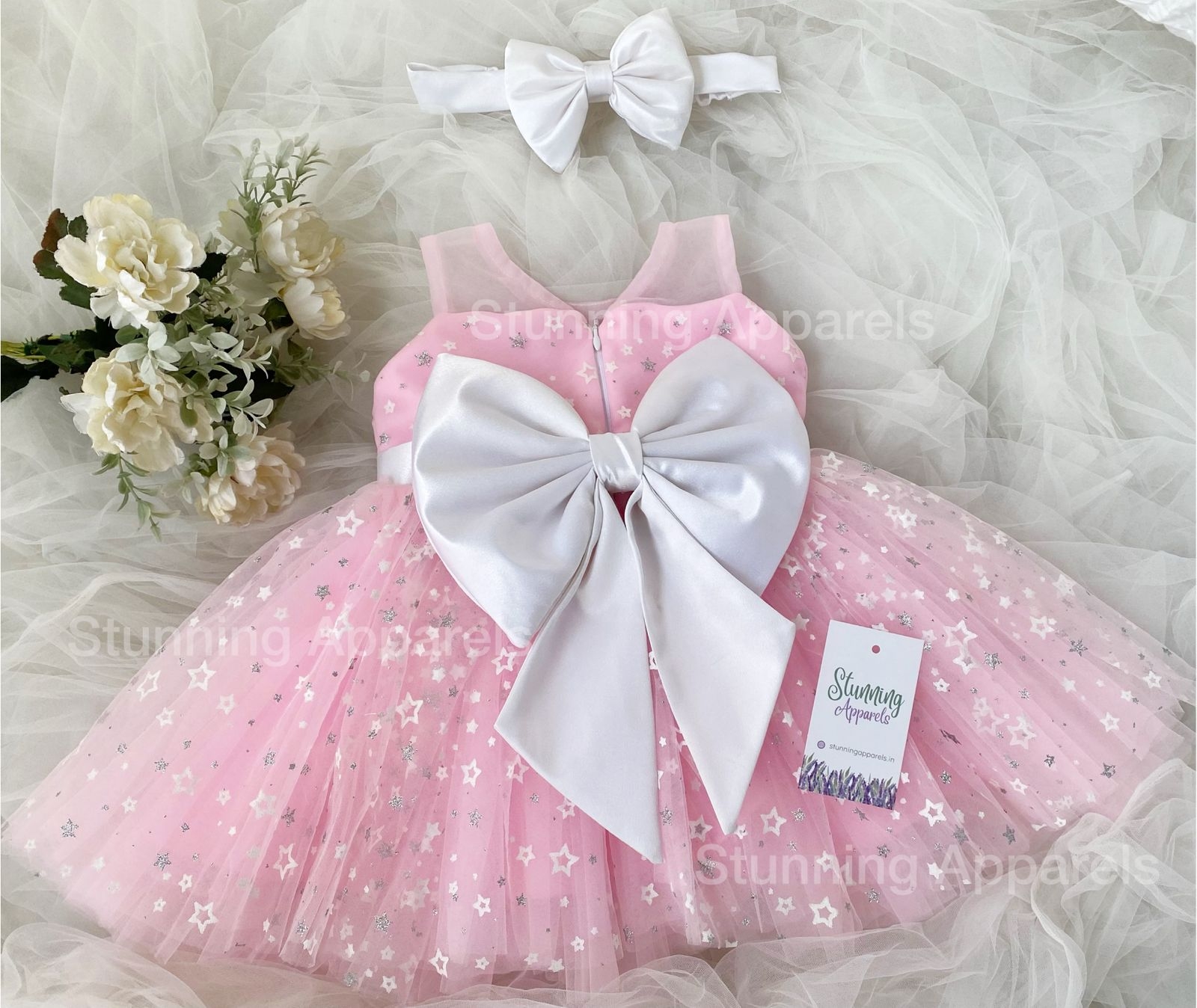 Stylish White Satin Bow Partywear  Baby Pink Dress - 6-9 Month